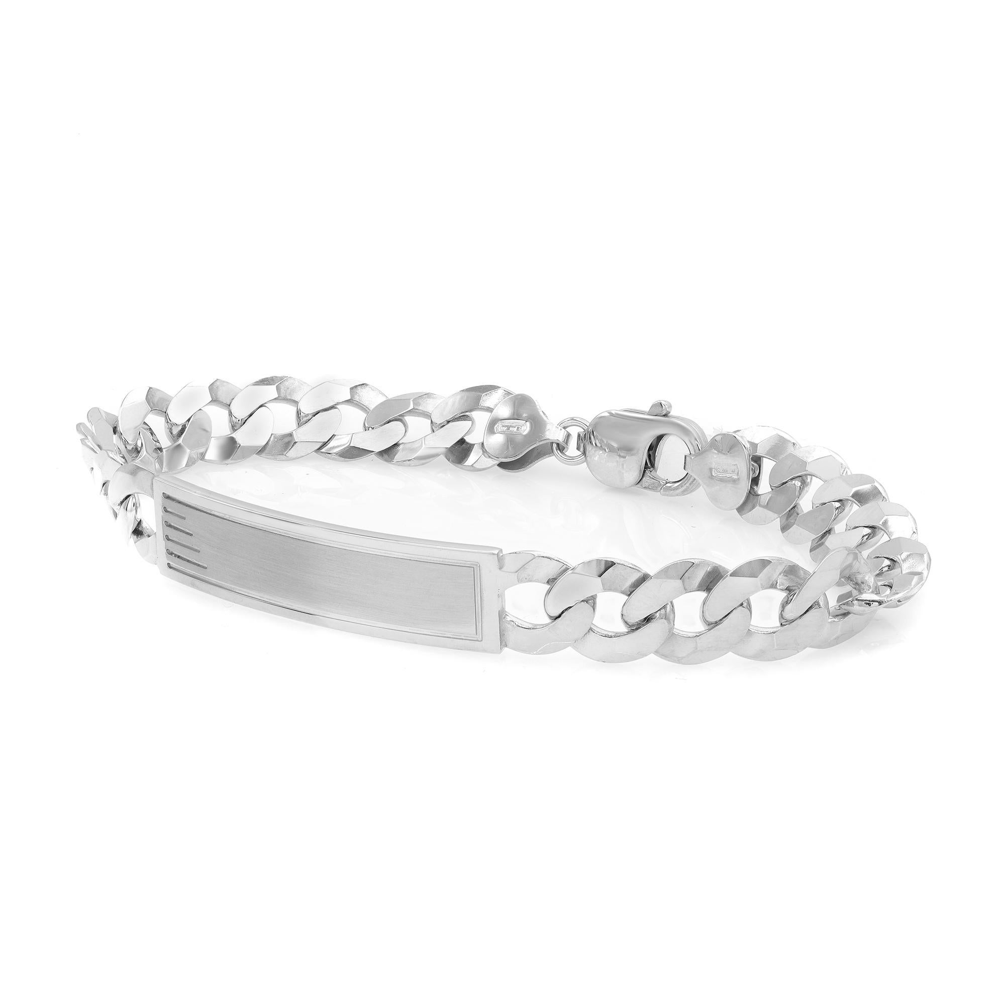 Make an elegant statement with our simple and appealing mens ID bracelet. This popular style bracelet is a must have accessory. Features a curb cuban link chain with a curved id tag at the center. Showcases a lustrous and smooth polished finish.