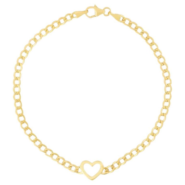 Curb Heart Chain Link Bracelet 14K Yellow Gold For Sale at 1stDibs