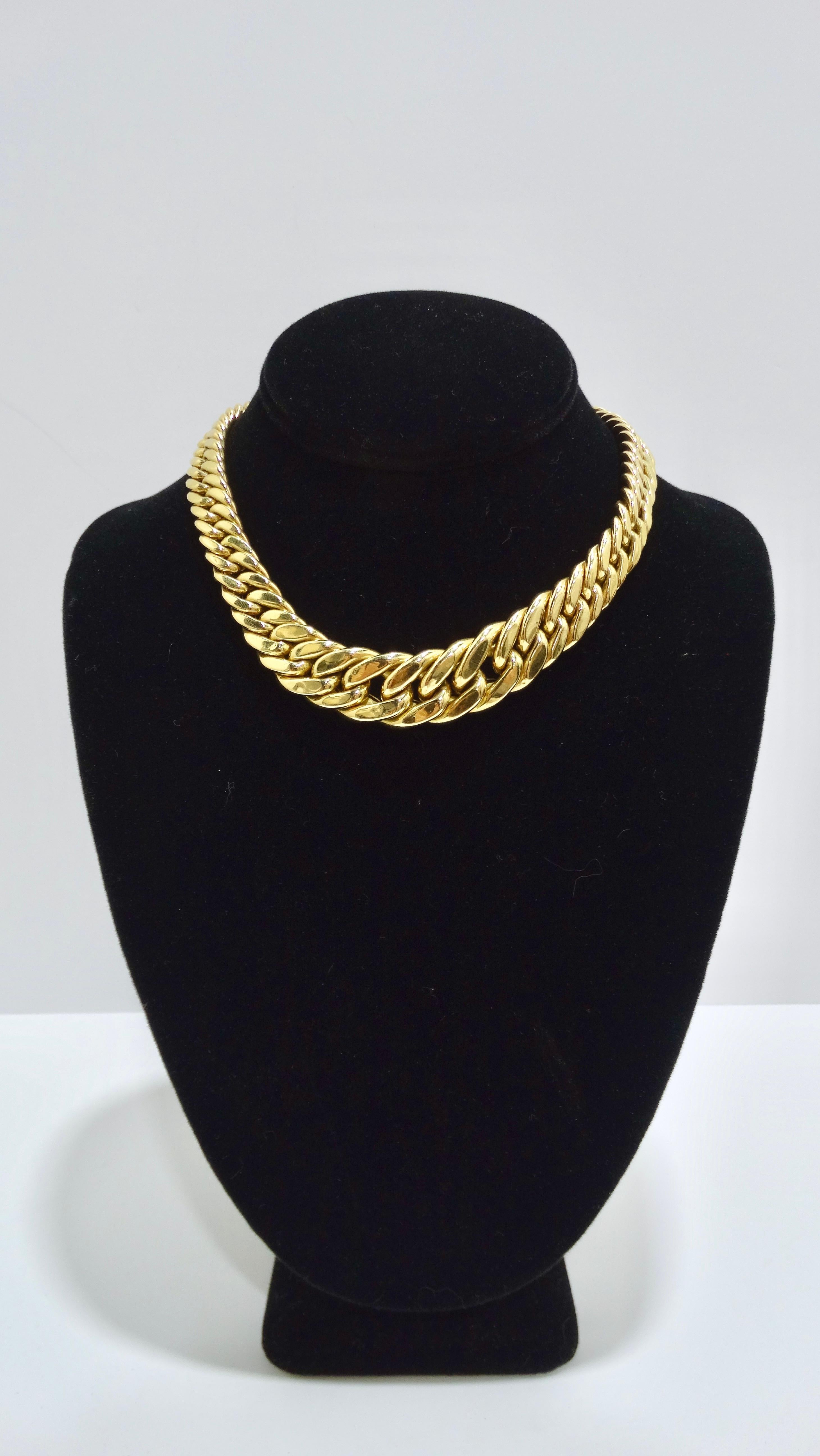 You can never go wrong with a bold and beautiful gold choker. Especially one that will last lifetimes. This necklace features 18k yellow gold links that fit together seamlessly that go from small (11mm) to large (17mm) and fits close to the neck.