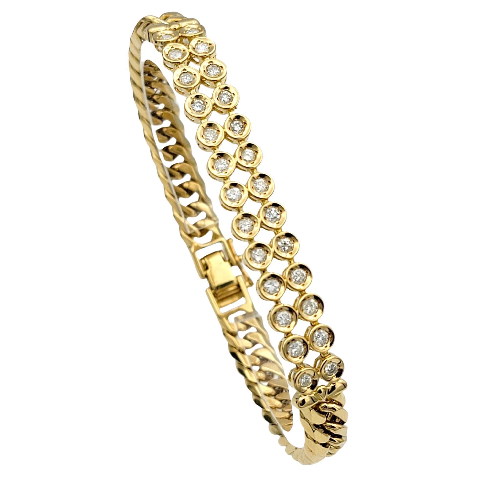 The inner circumference of this bracelet measures 6.88 inches and will comfortably fit up to a 6.75 inch wrist. 

This exquisite bracelet combines the classic elegance of a curb link chain with the dazzling beauty of bezel-set diamonds. Crafted from