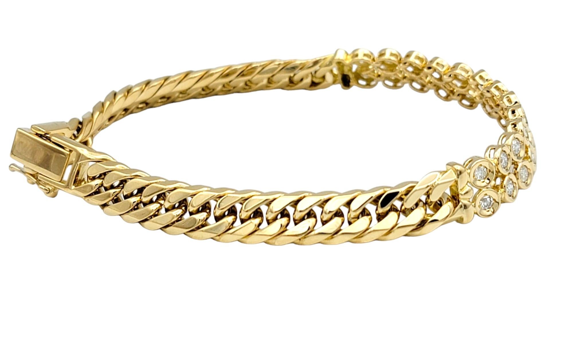 Round Cut Curb Link Bracelet with Bezel Set Round Diamonds Set in 18 Karat Yellow Gold For Sale