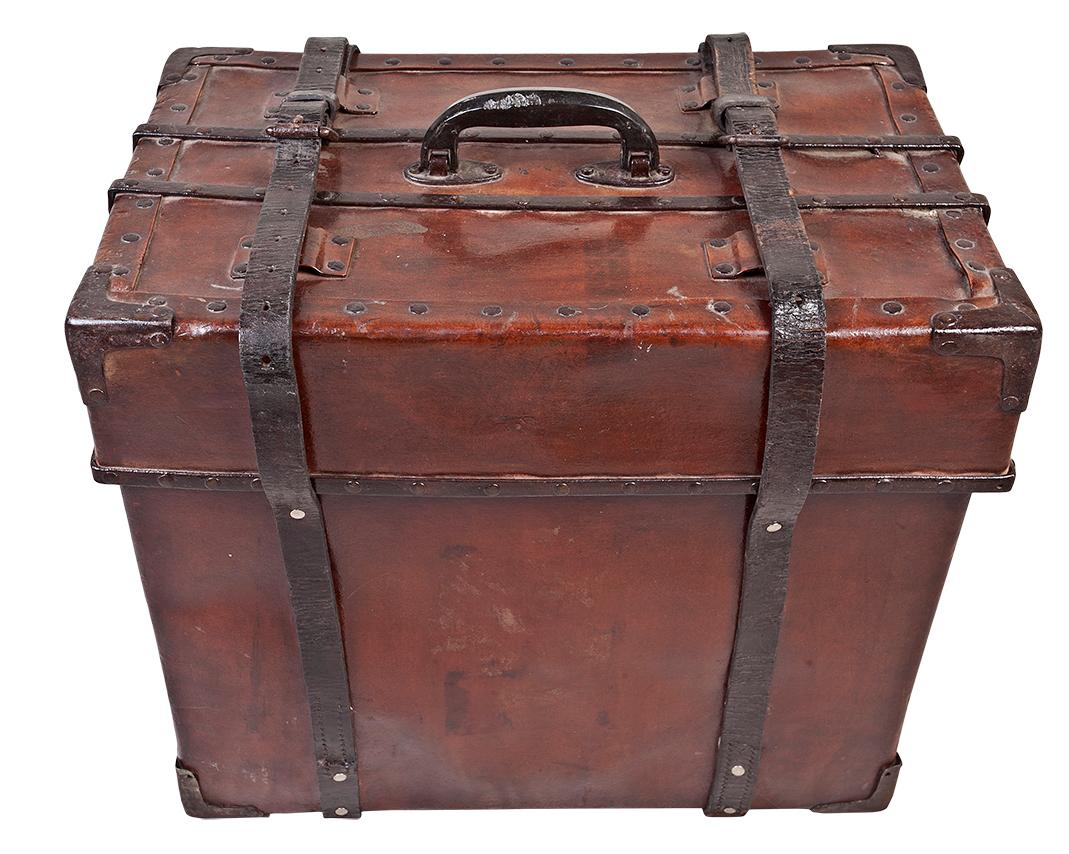 British Colonial Cured Leather Steamer Luggage Trunk Early, 1900s