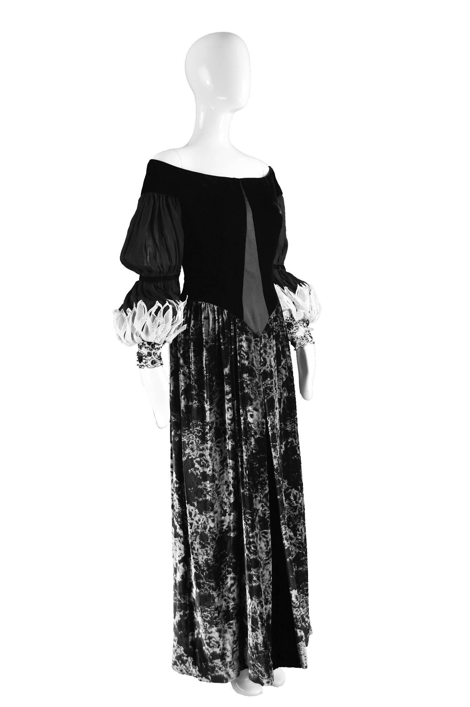 Black Curiel Italian Couture Vintage Print Velvet Evening Gown