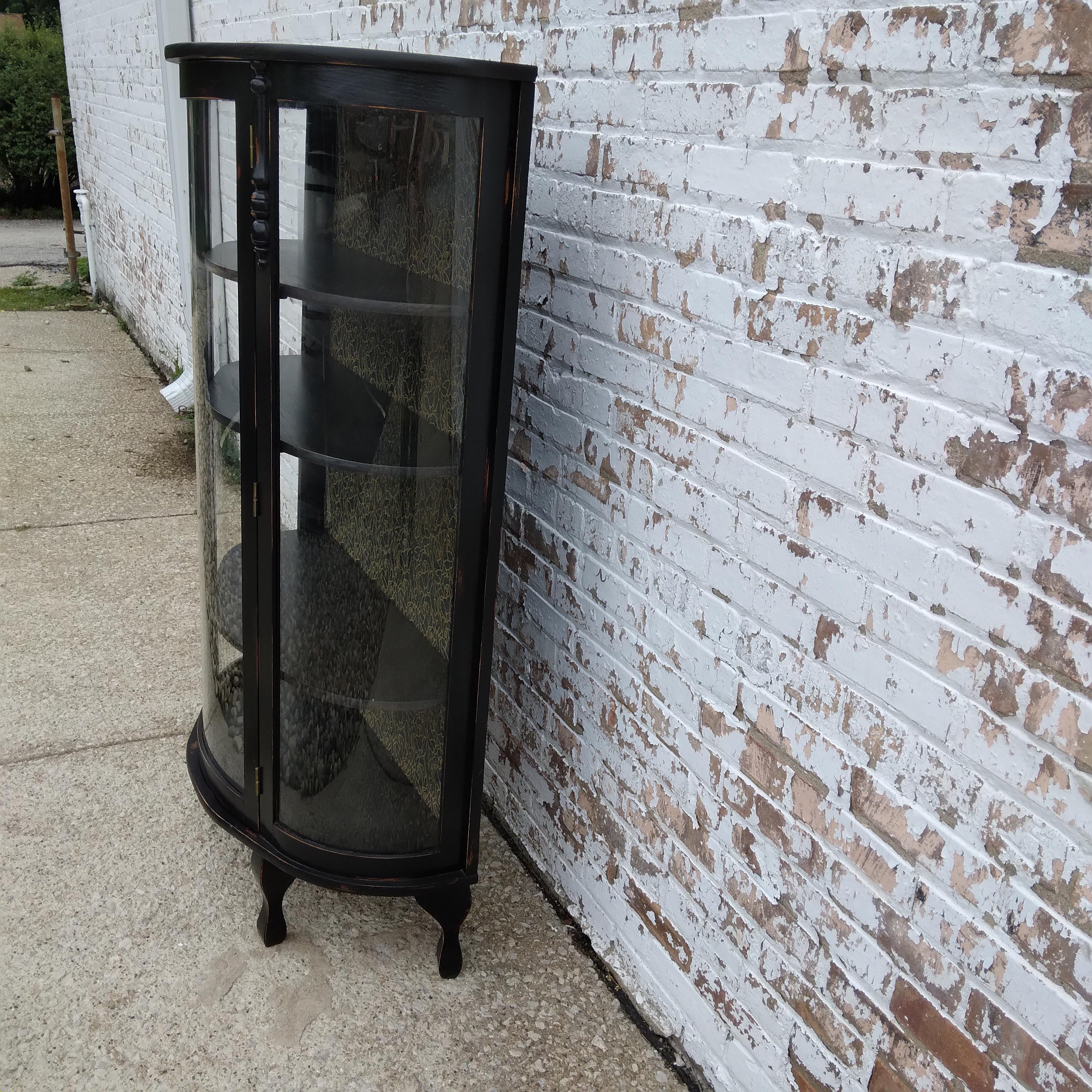 20th Century Curio Display Cabinet with Curved Glass and Black Wooden Frame