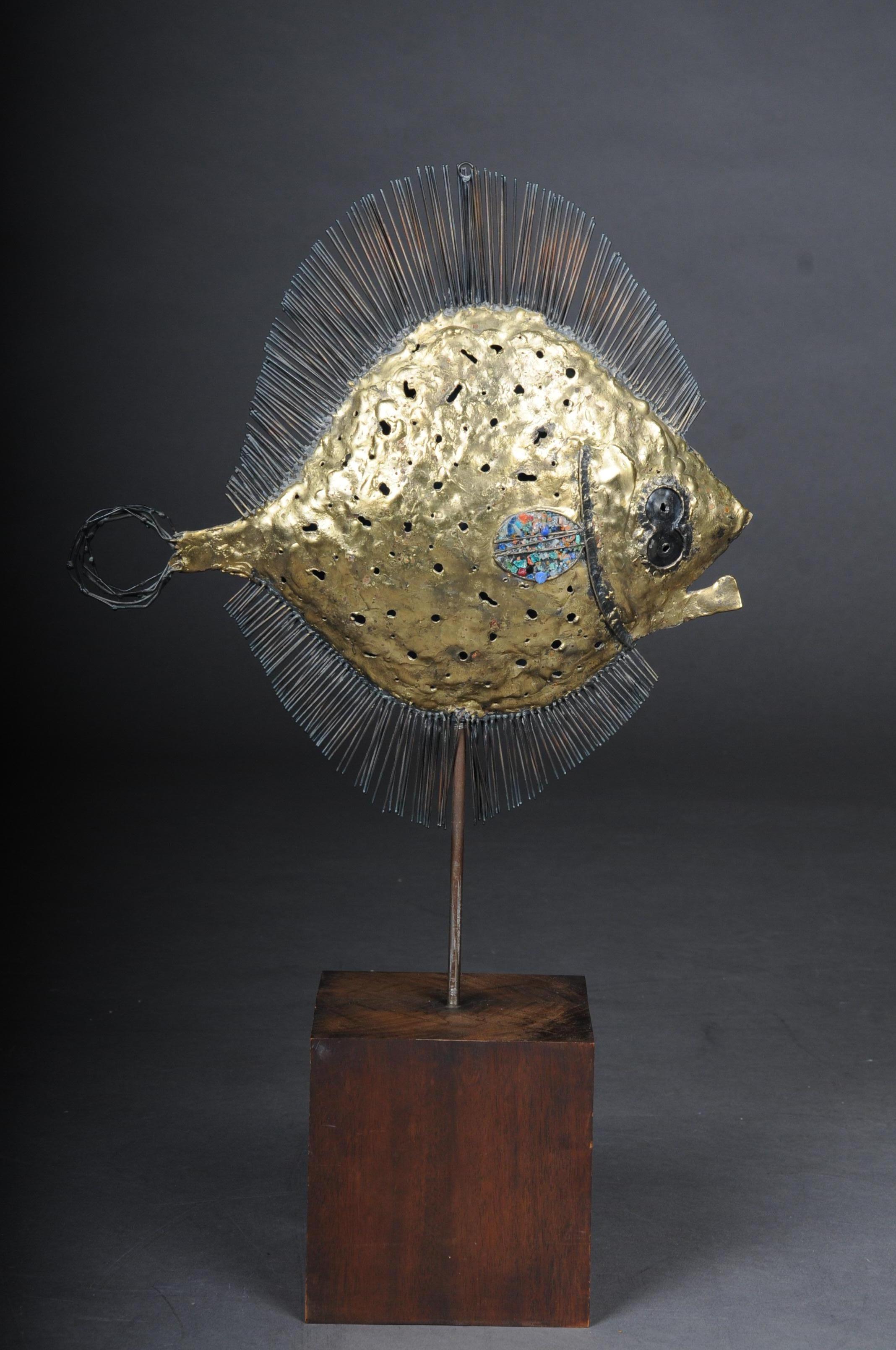 Wood Curious and Decorative Puffer Fish Sculpture, Brass For Sale