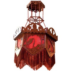Curious Arts & Crafts Handmade Wood, Fabric and Fringe Pendant, circa 1920