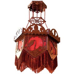 Curious Arts & Crafts Handmade Wood, Fabric and Fringe Pendant, circa 1920 