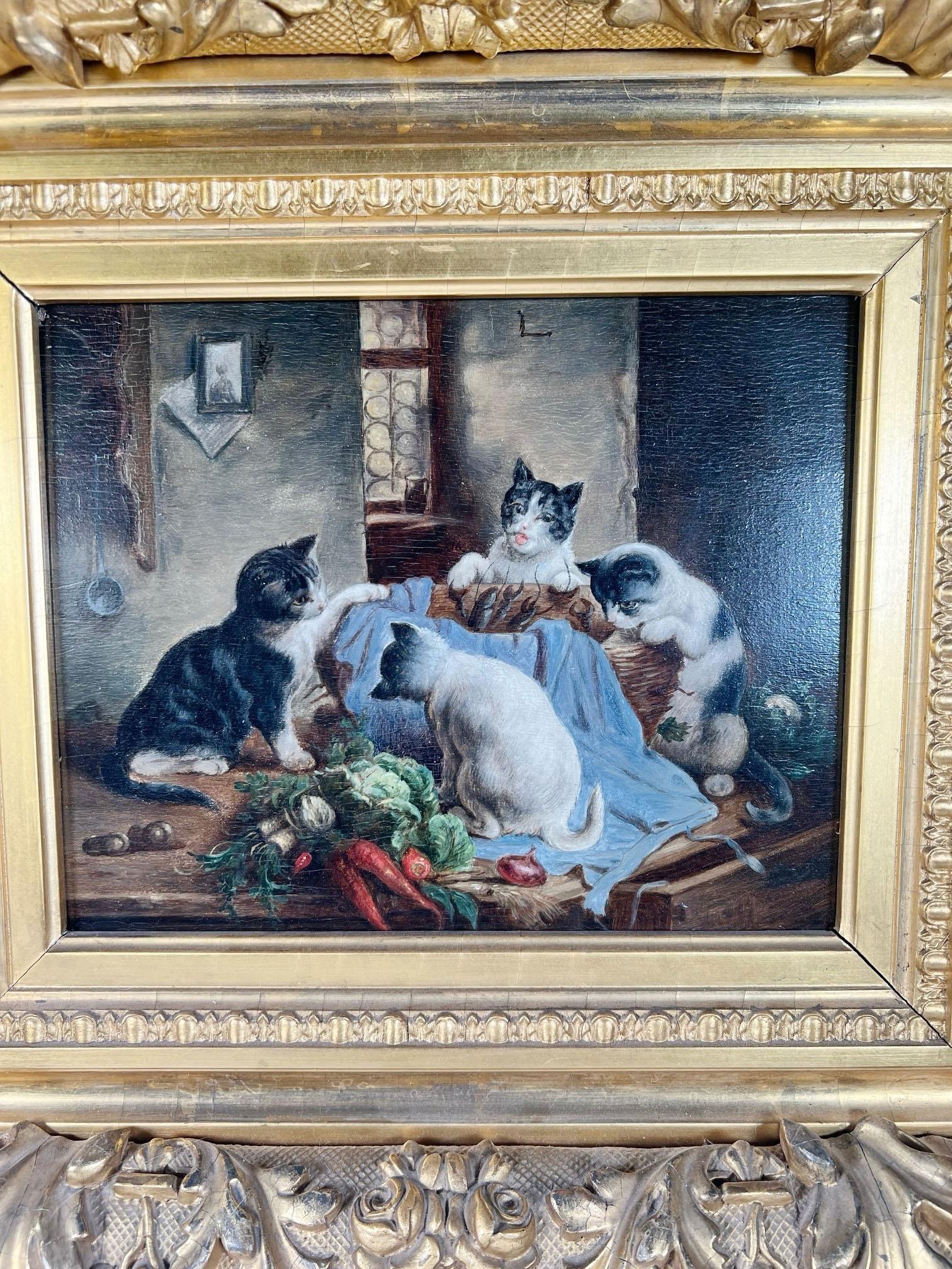Allemand Curious Kittens Huile sur panneau dans un cadre en Wood Wood doré en vente