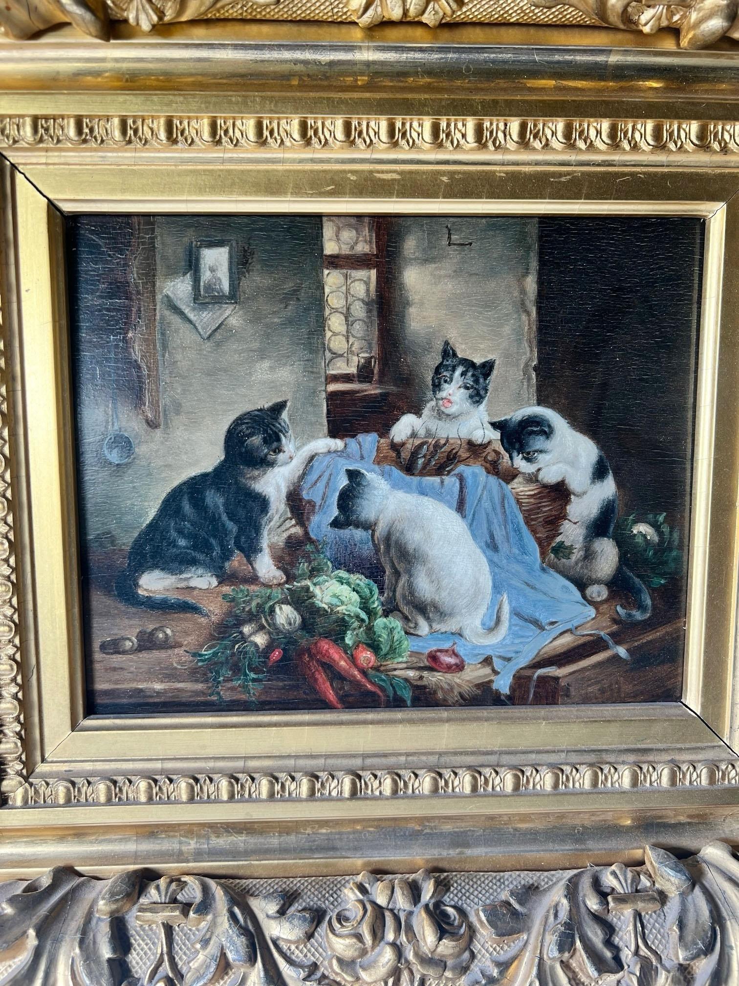 Fin du XIXe siècle Curious Kittens Huile sur panneau dans un cadre en Wood Wood doré en vente
