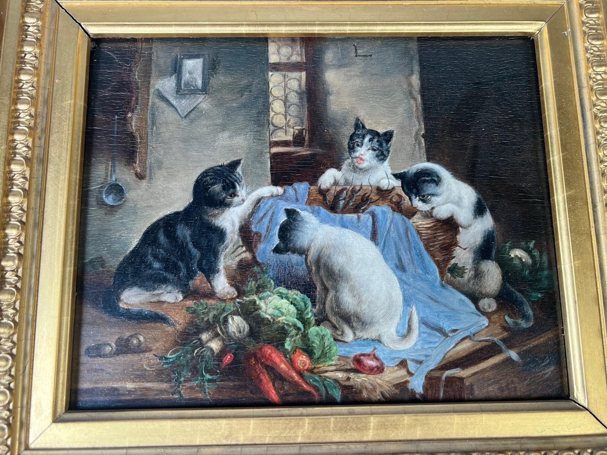 Bois Curious Kittens Huile sur panneau dans un cadre en Wood Wood doré en vente