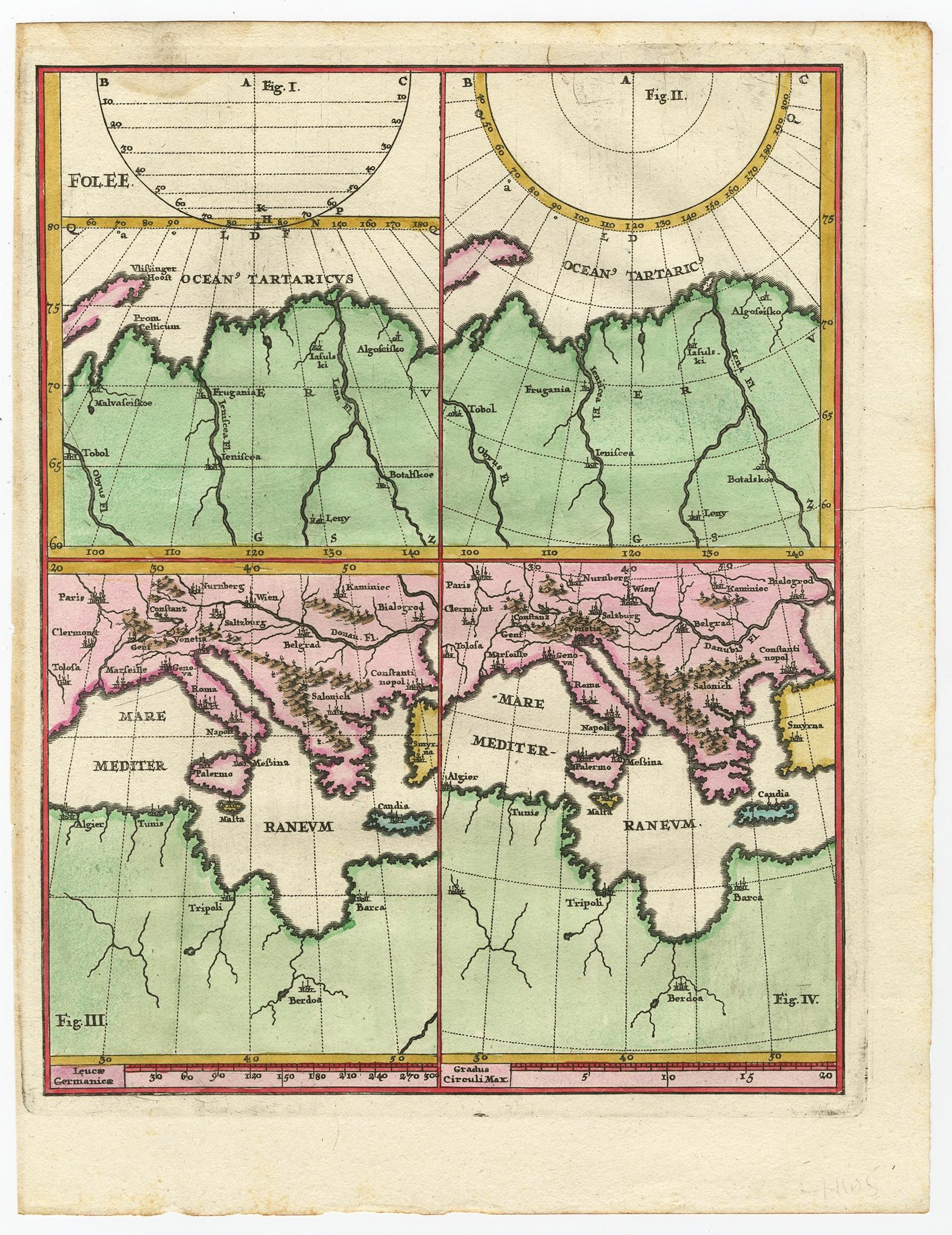 Antique map, untitled. 

Map of the Laptev Sea (Arctic Ocean) and the Mediterranean, printed for Scherer's 'Atlas Novus' (1702-1710). Scherer's 'Atlas Novus' forms an important milestone in the development of scientific and thematic cartography,