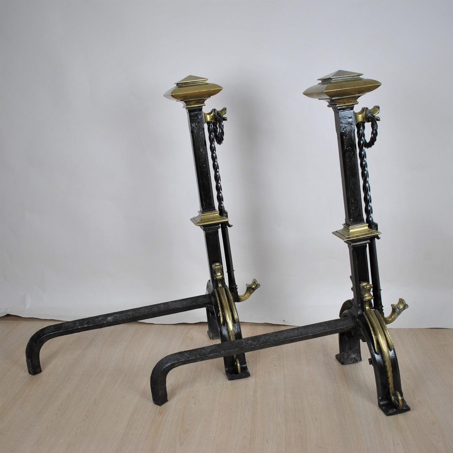 Curious Pair of Andirons in Patinated Bronze and Iron, in the Gothic Style, with For Sale 7