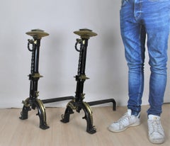 Curious Pair of Andirons in Patinated Bronze and Iron, in the Gothic Style, with