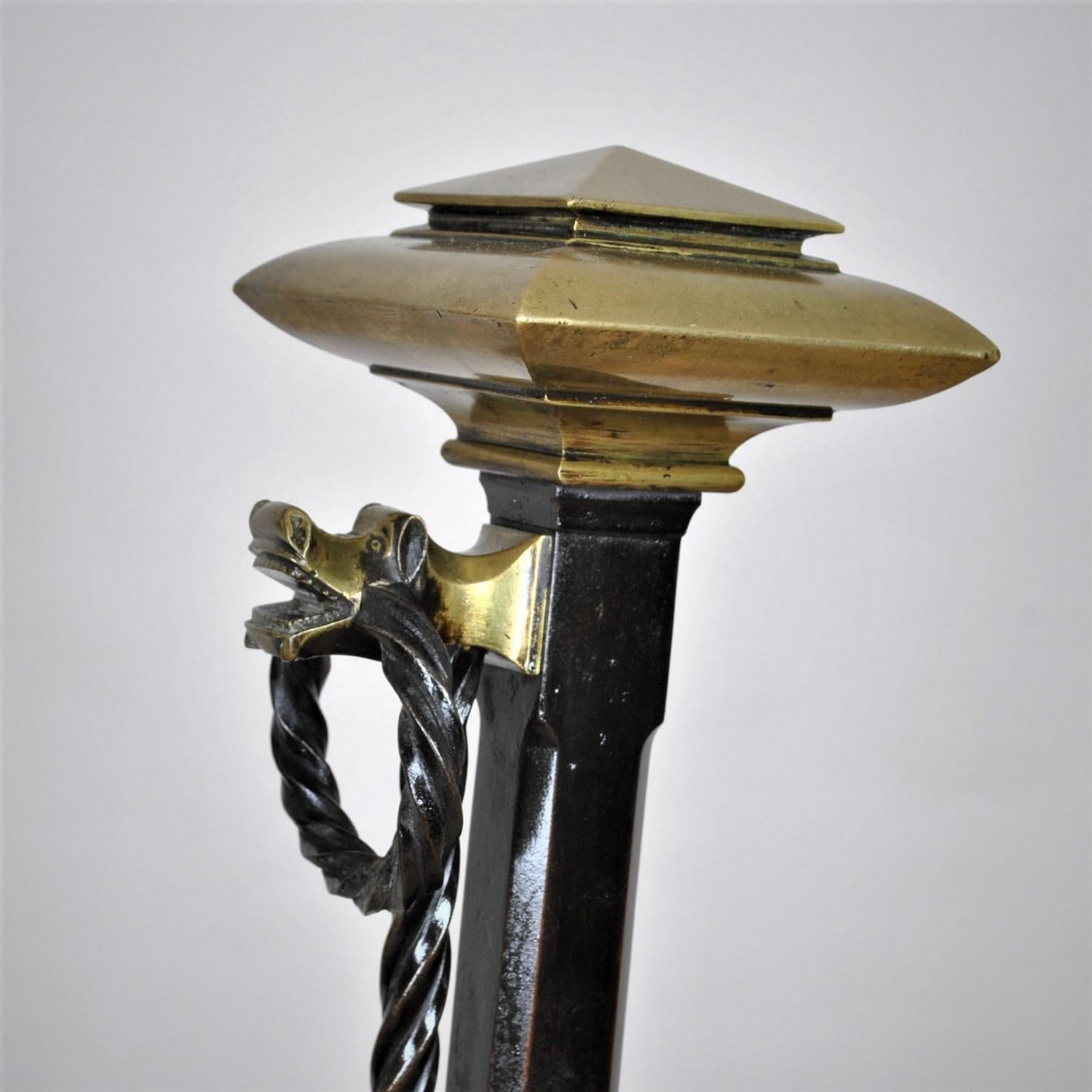 French Curious Pair of Andirons in Patinated Bronze and Iron, in the Gothic Style, with For Sale