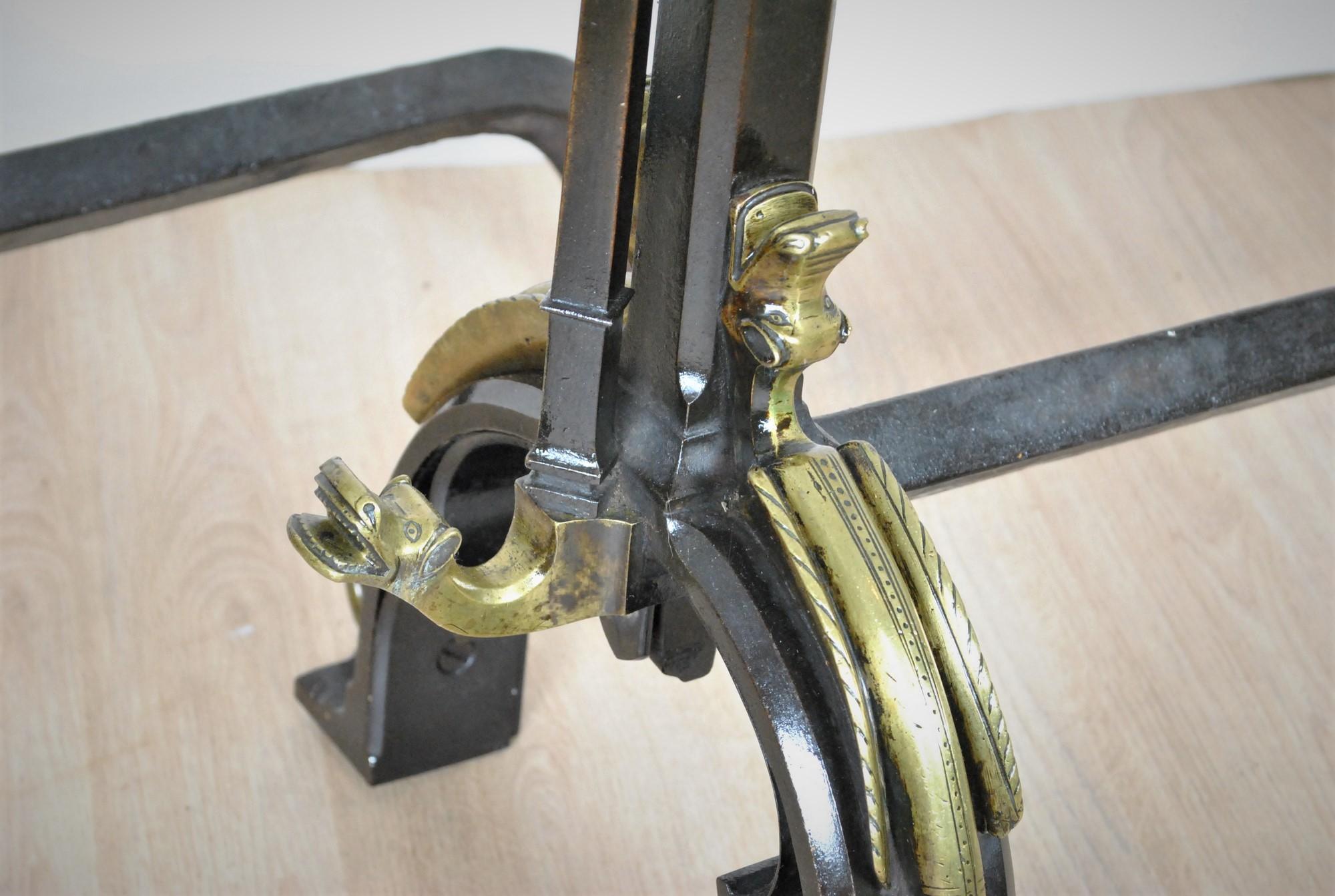 Curious Pair of Andirons in Patinated Bronze and Iron, in the Gothic Style, with For Sale 2