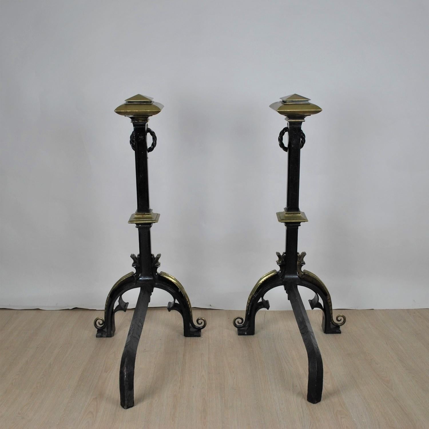 Curious Pair of Andirons in Patinated Bronze and Iron, in the Gothic Style, with For Sale 3