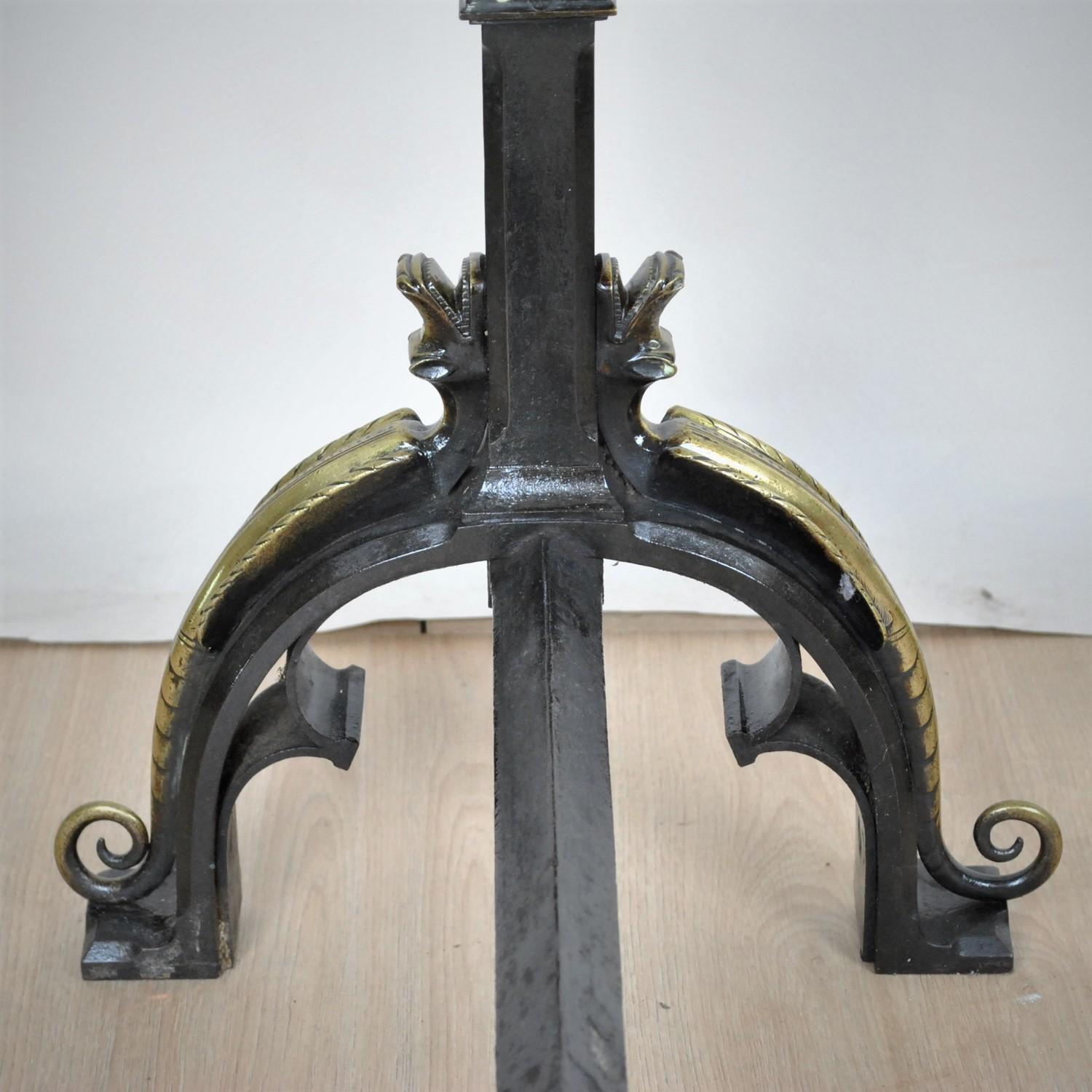 Curious Pair of Andirons in Patinated Bronze and Iron, in the Gothic Style, with For Sale 4