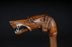 Curious Walking Stick Dog Shape Carved Wood