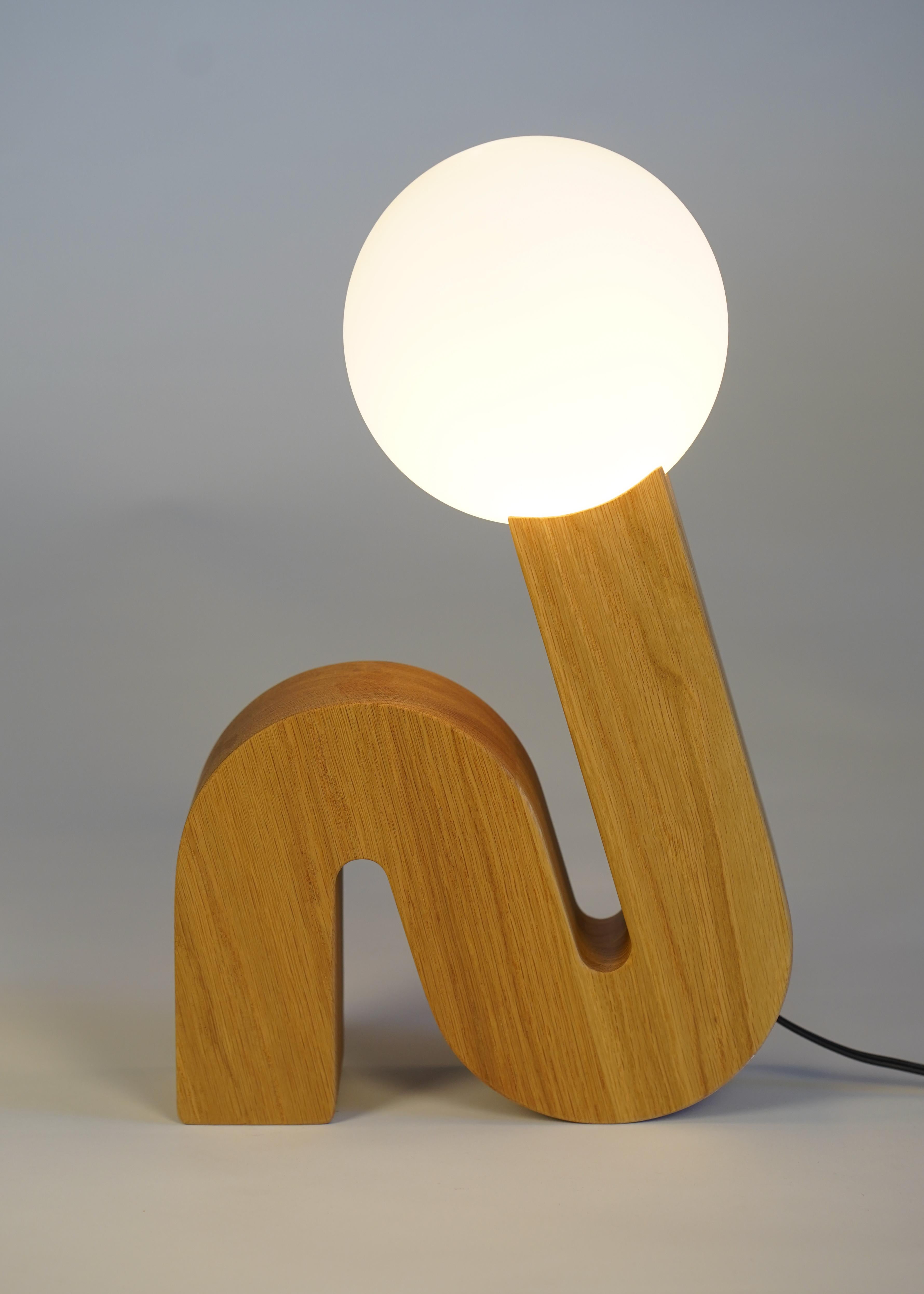 Curl, Contemporary Table Lamp 'White Oak, Glass Orb Shade, Led Bulb' In New Condition For Sale In Philadelphia, PA