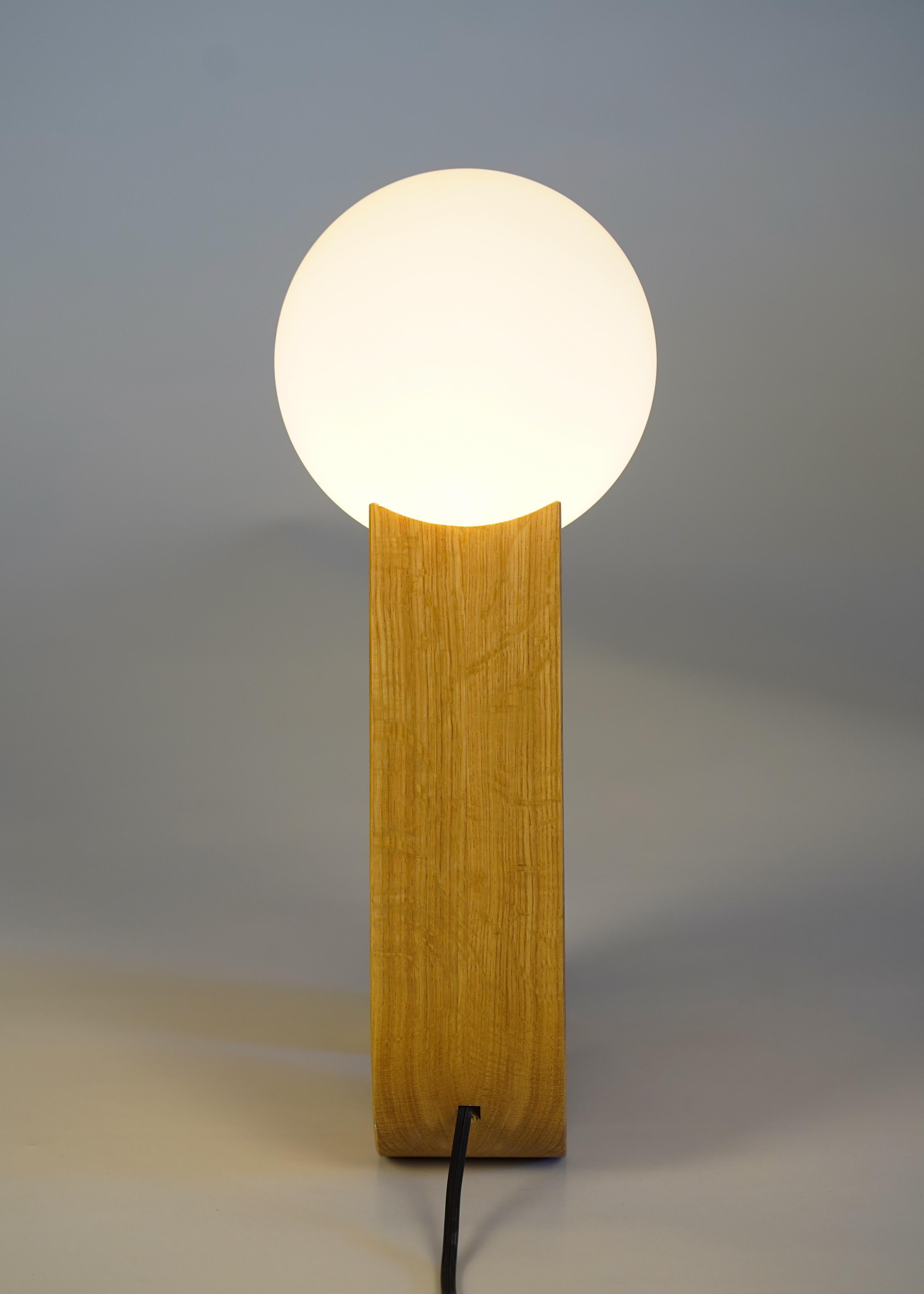Scandinavian Modern Curl, Contemporary Table Lamp 'White Oak, Glass Orb Shade, Led Bulb' For Sale