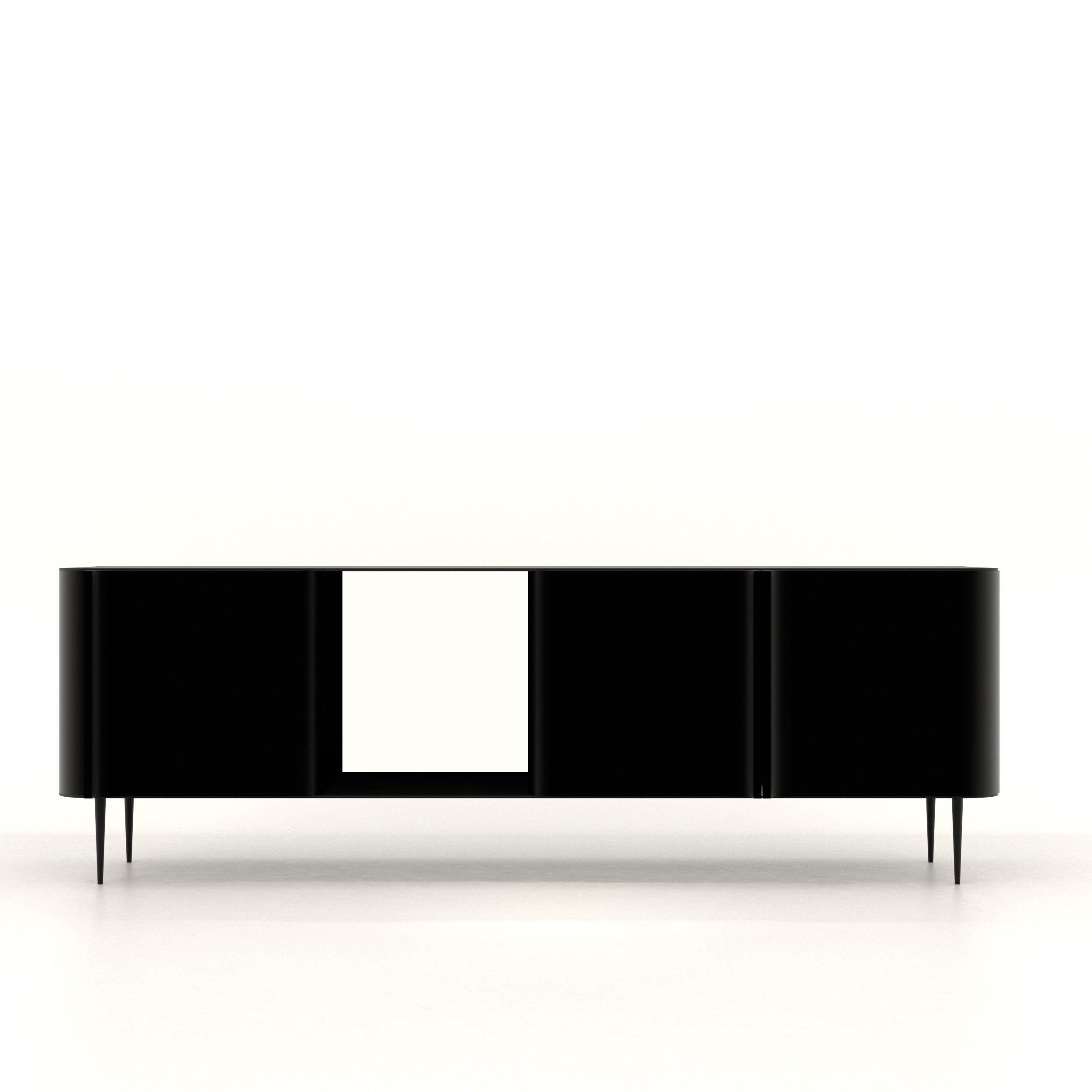 Curl Series Console by hm-LI Studio
Dimensions:  W 178.2 x D 50 x H 59.8 cm
Materials: Black Lacquer on Solid Wood, Blackened Steel.
Available Finishes: Glossy Black Lacquer, Matte Black Lacquer, Traditional Chinese Lacuqer(Available upon request.