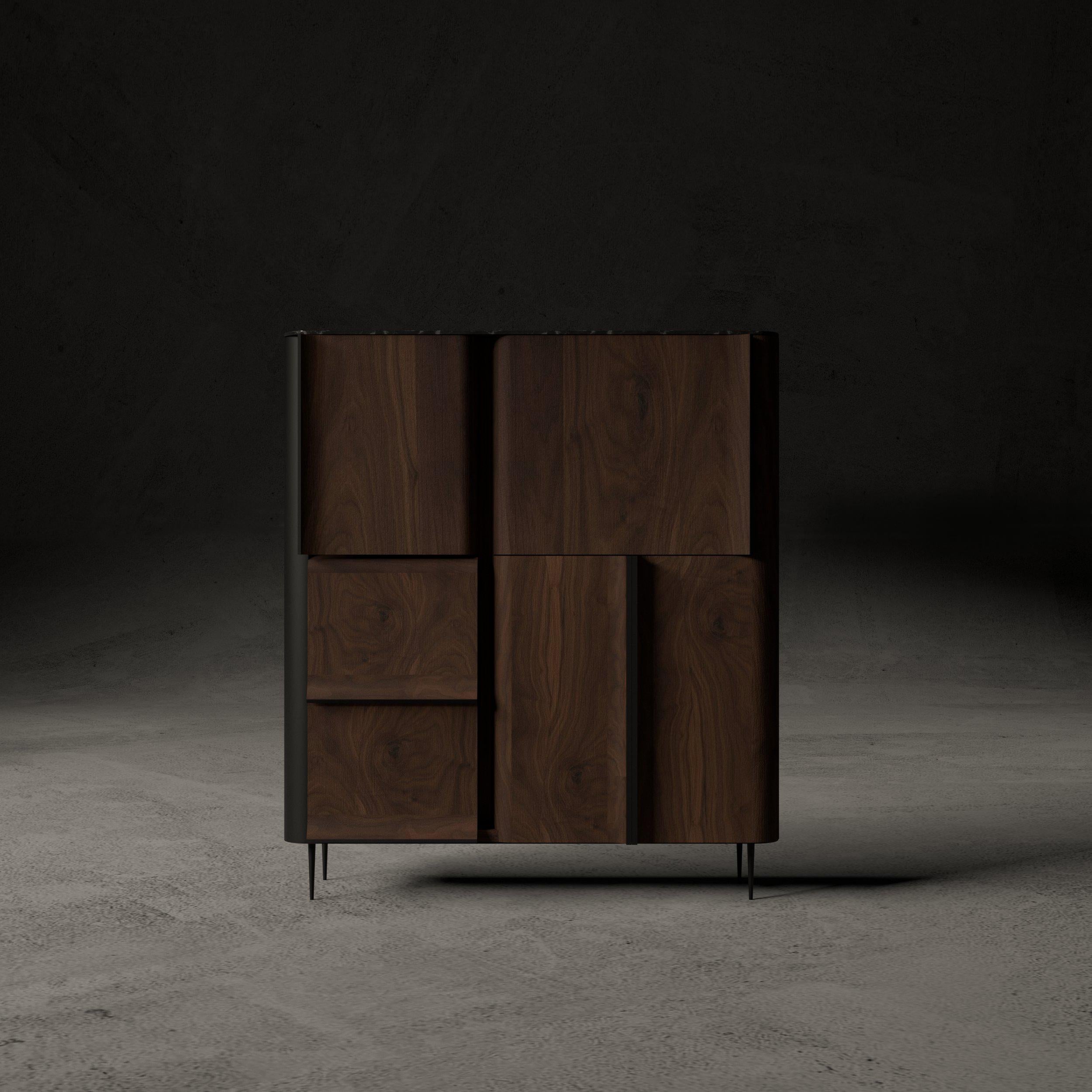 Curl Series Console by hm-LI Studio
Dimensions:  W 140 x D 50 x H 158 cm
Materials: Walnut Wood, Black Lacquered Wood, Blackened Steel Legs, Marble Top Surface.


The Curl Series seamlessly combines functionality with elegant design.