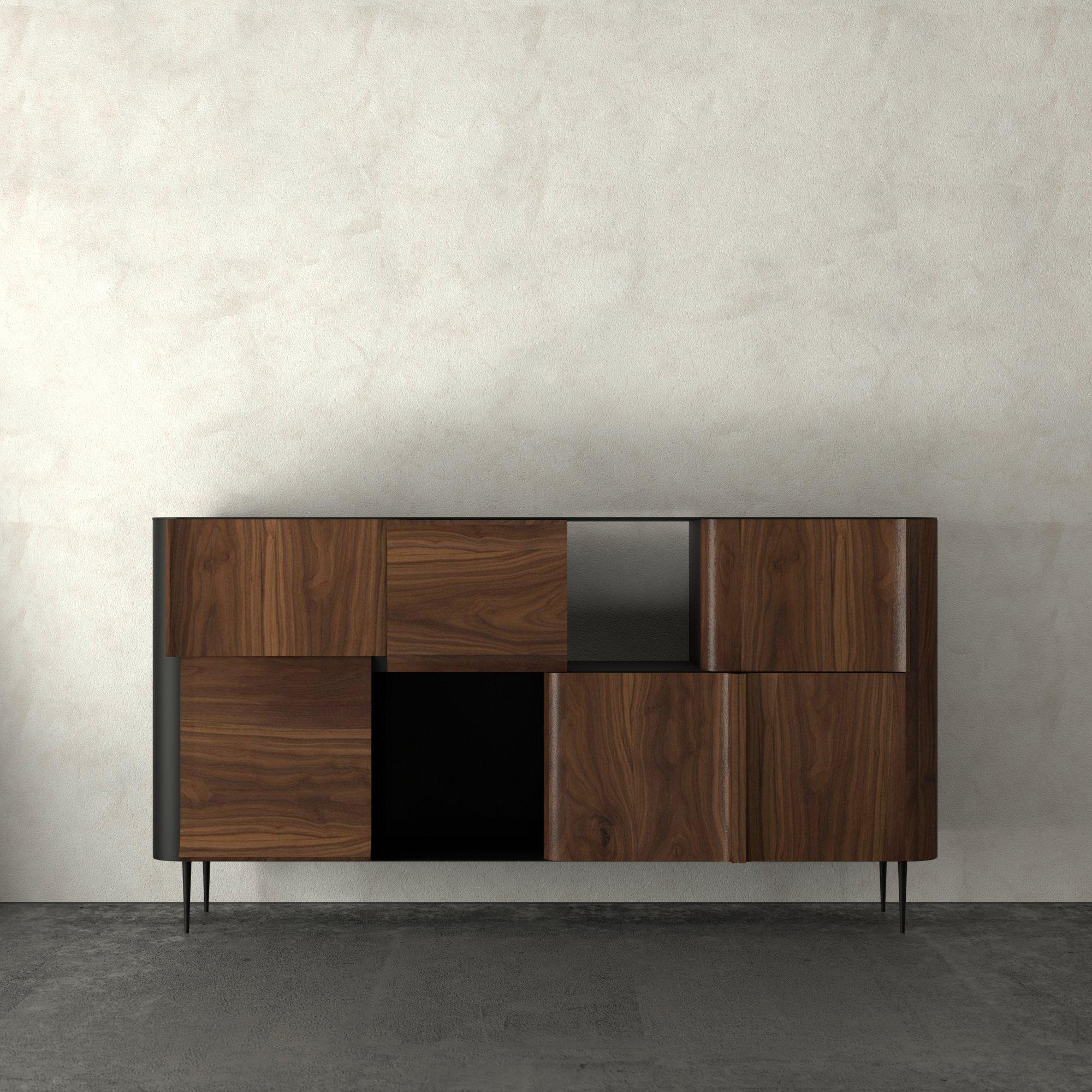 Sideboard der Curl-Serie 2x4 von hm-LI Studio
Abmessungen:  B 178,2 x T 50 x H 94,2 cm
MATERIALIEN: Walnussholz, schwarz lackiertes Holz, geschwärzte Stahlbeine, Marmorplatte.
Verfügbare Oberflächen: Nussbaum, Eiche, Eiche Blackend.

Die Curl-Serie