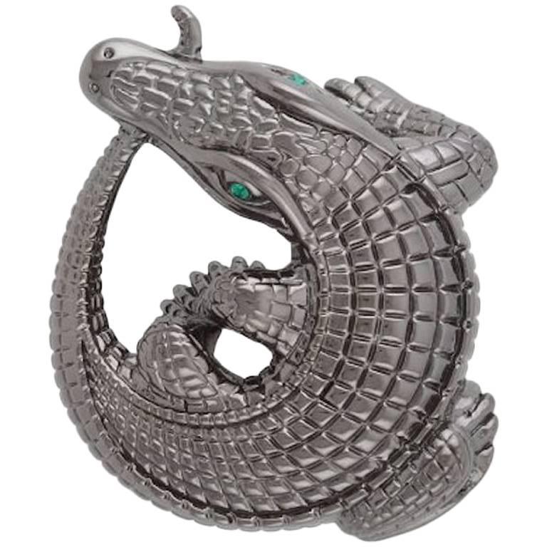 Contemporary Curled Alligator Black Rhodium Plated Bronze Belt Buckle by John Landrum Bryant For Sale