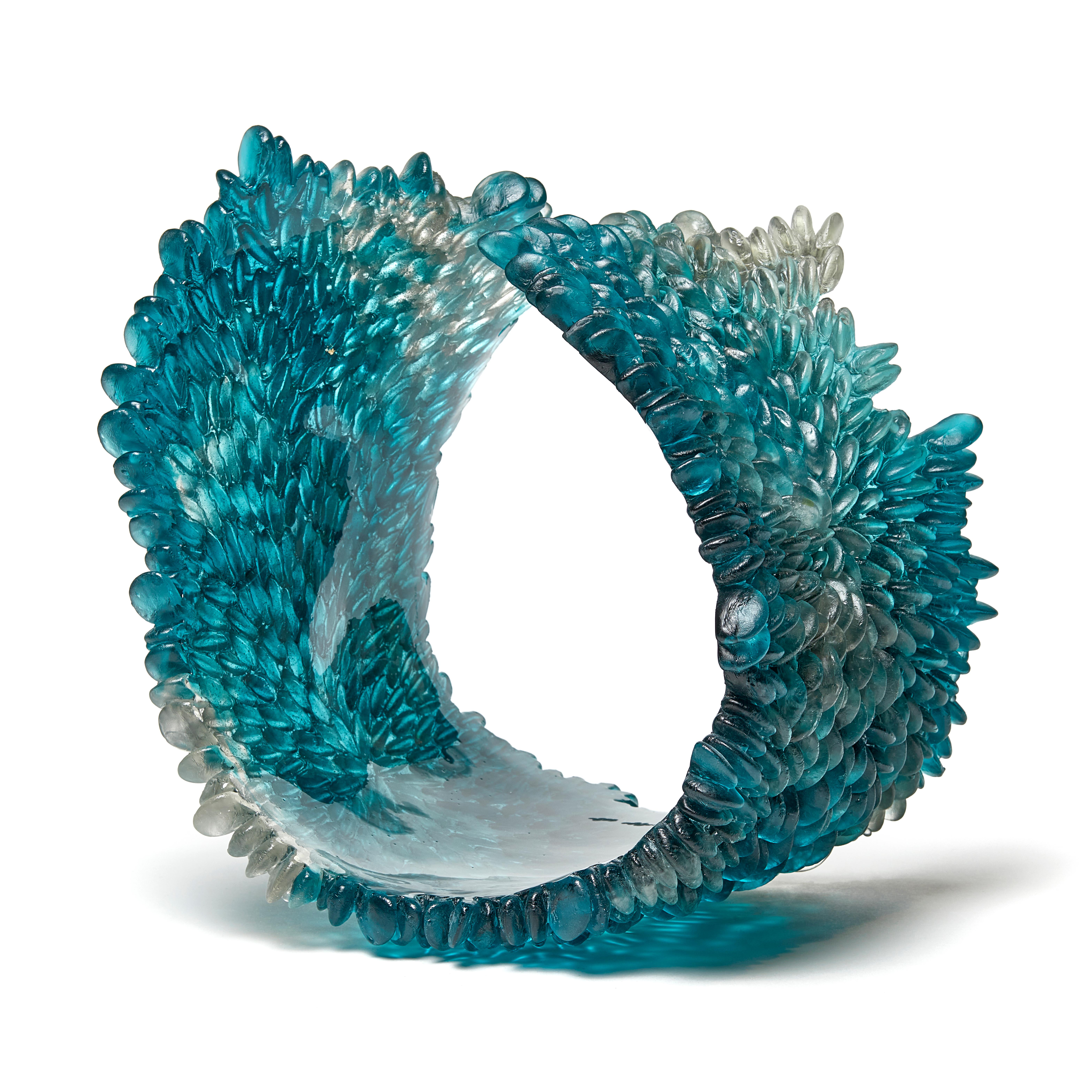 Organic Modern Curled Over IV, Unique Glass Sculpture in teal & grey by Nina Casson McGarva