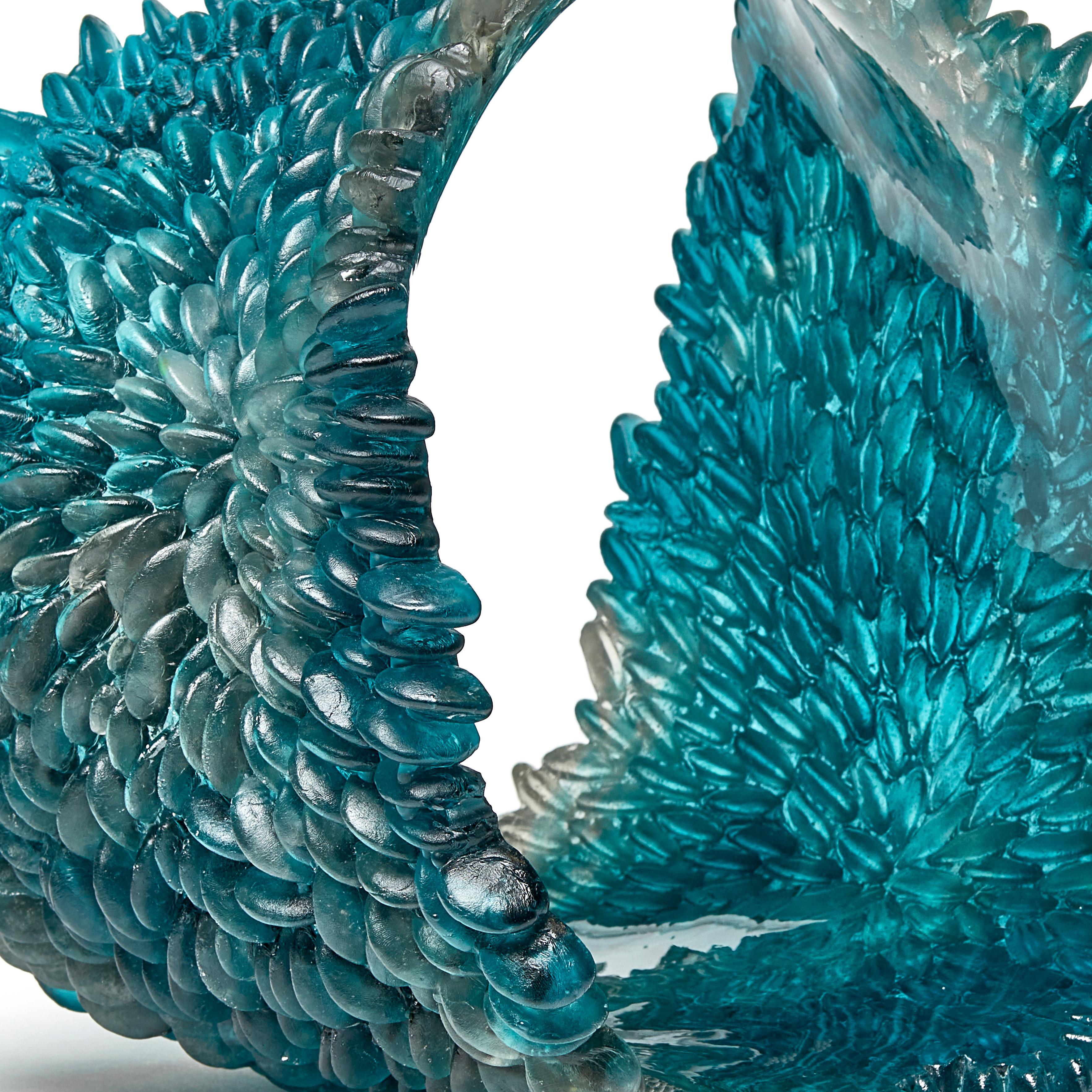 Cast Curled Over IV, Unique Glass Sculpture in teal & grey by Nina Casson McGarva