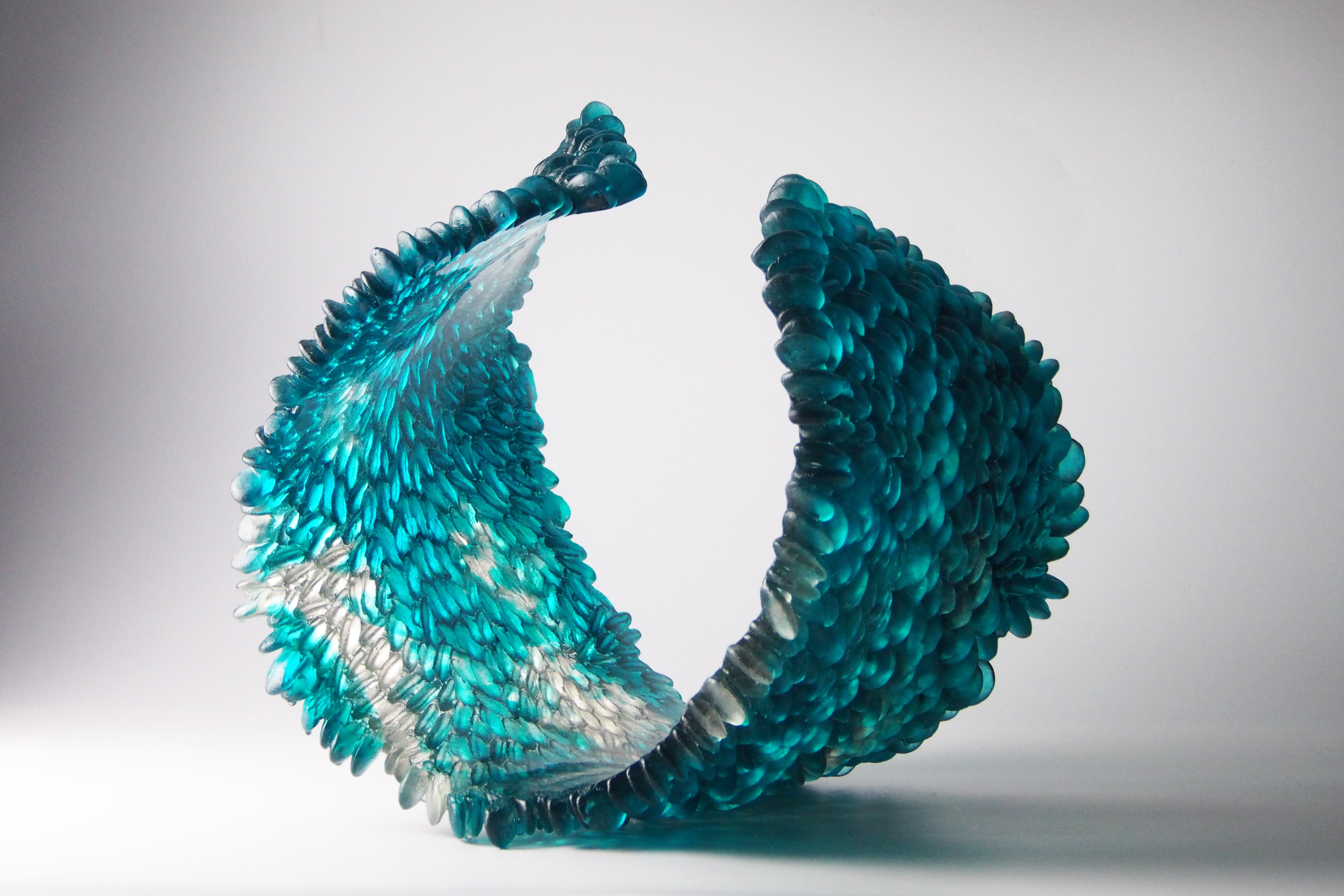 Organic Modern Curled Over V, a Unique Glass Sculpture in Teal & Grey by Nina Casson McGarva