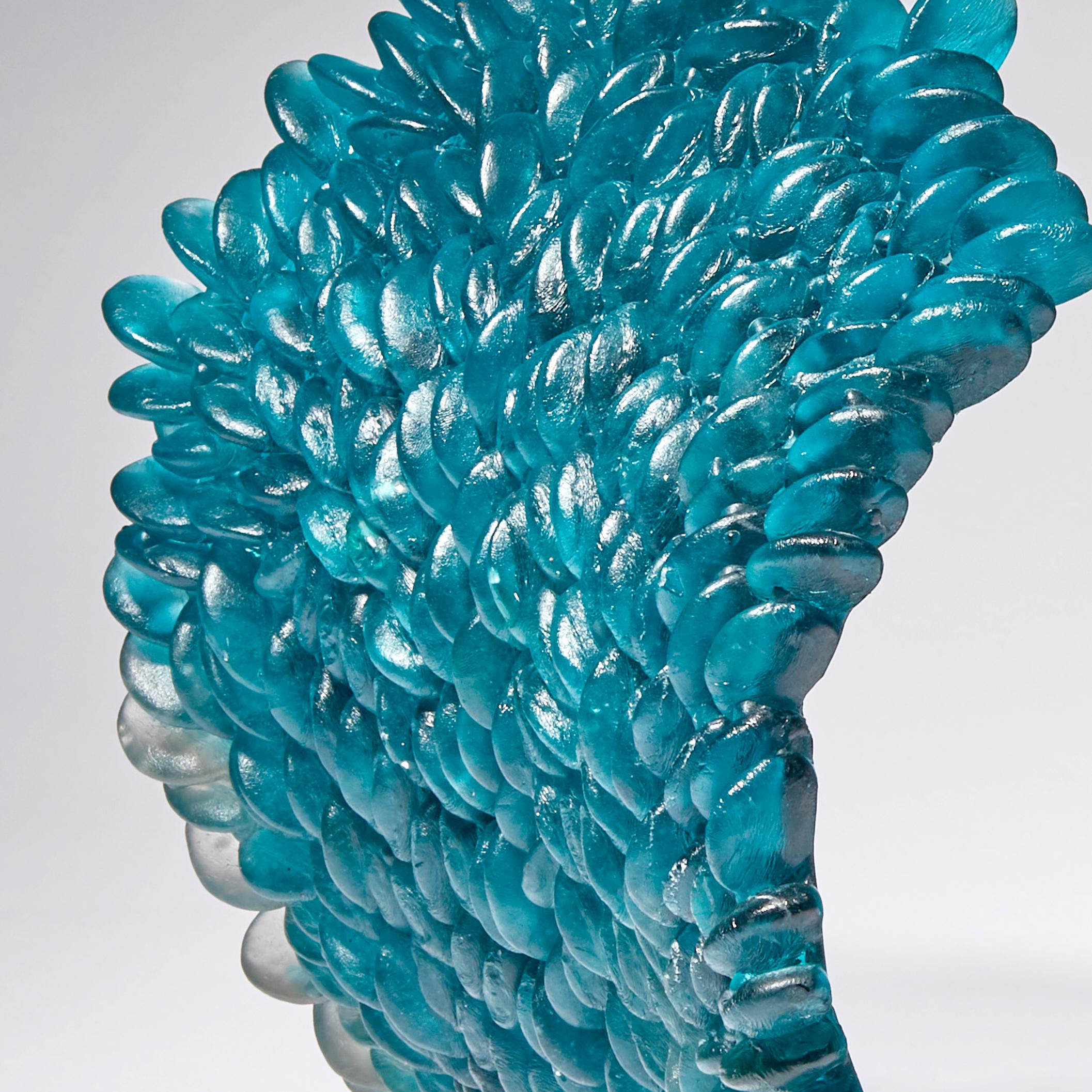 British Curled Over V, a Unique Glass Sculpture in Teal & Grey by Nina Casson McGarva