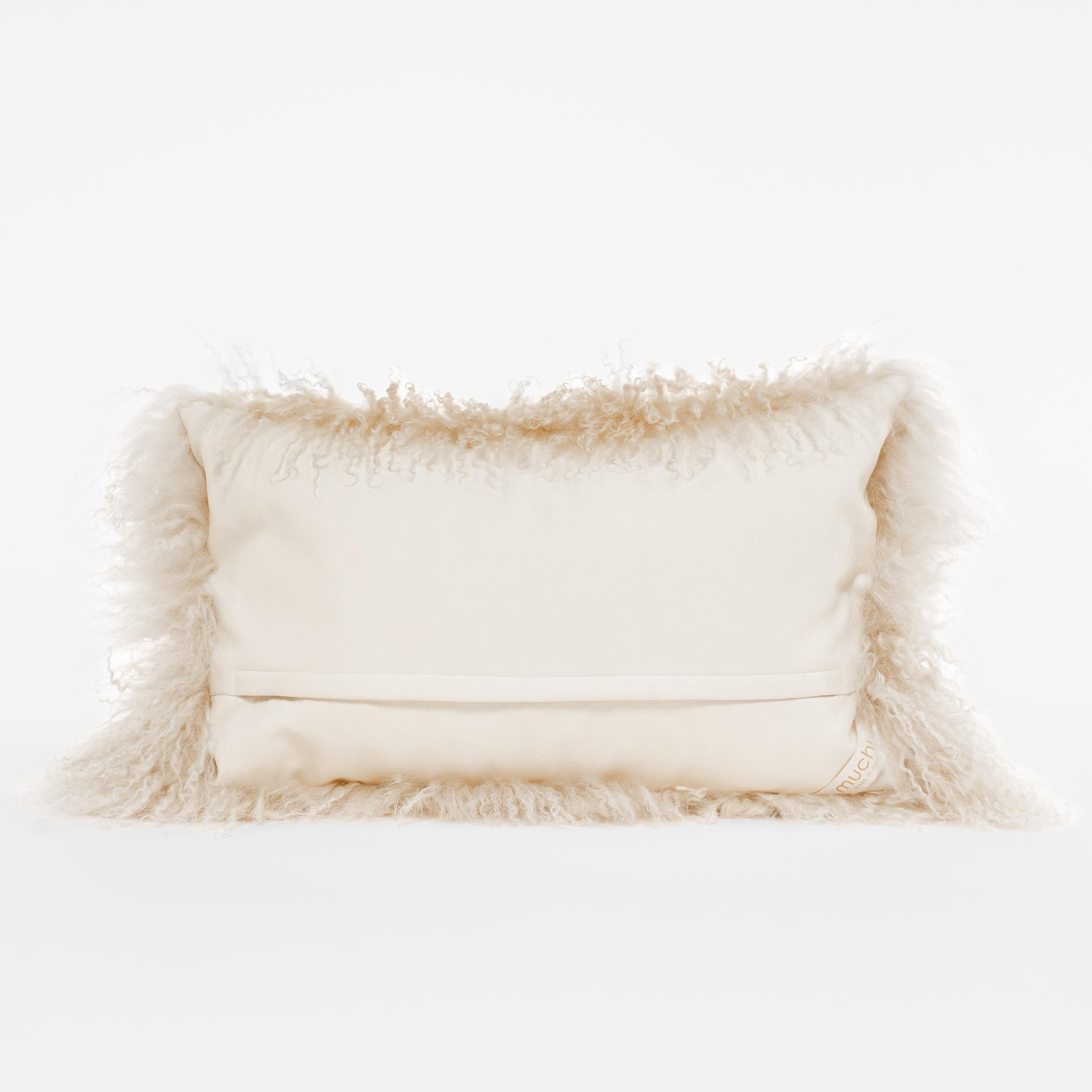 Modern Tibet Lamb Beige Lumbar Cushion by Muchi Decor, Made in Italy For Sale
