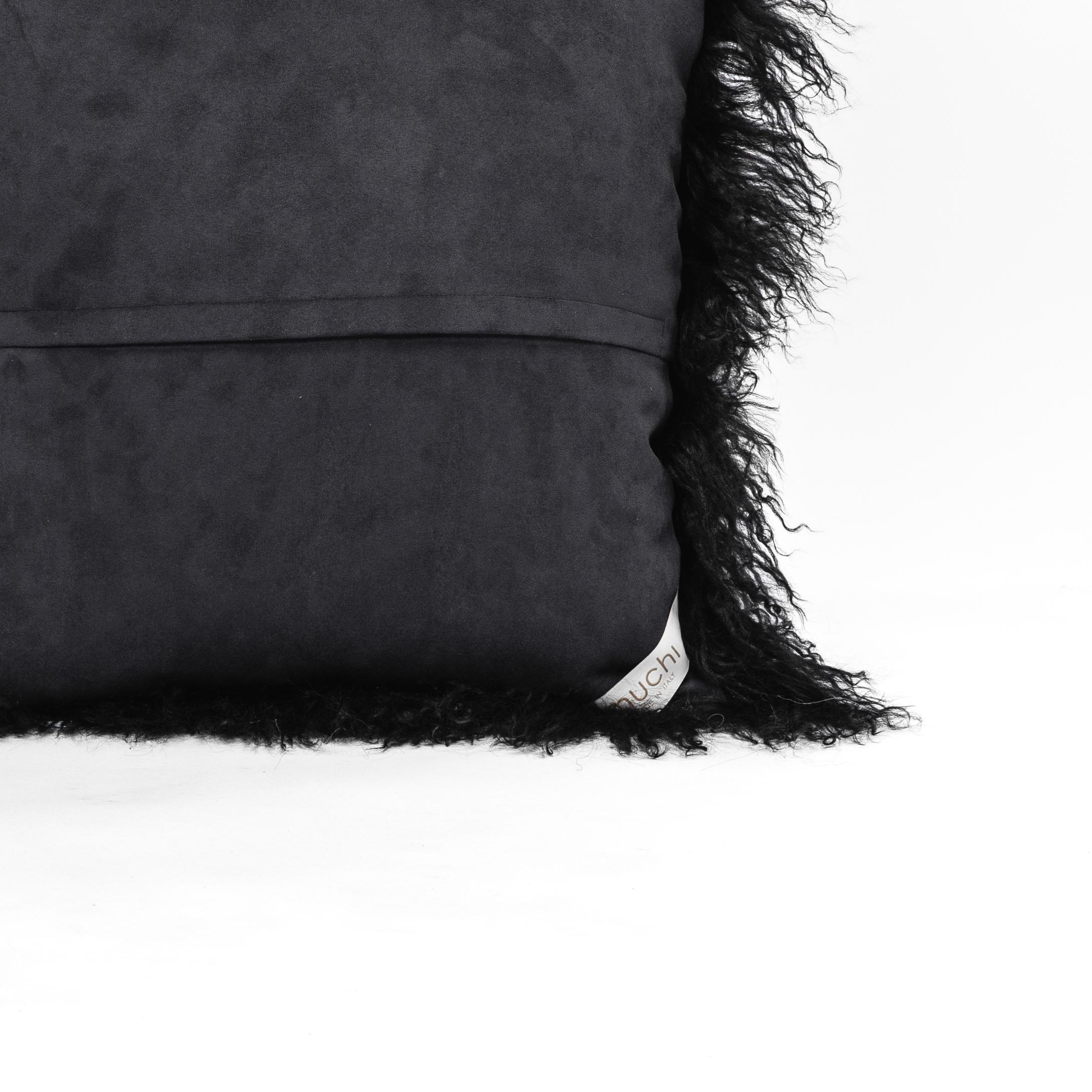 Italian Tibet Lamb Black Square Cushion by Muchi Decor, Made in Italy For Sale