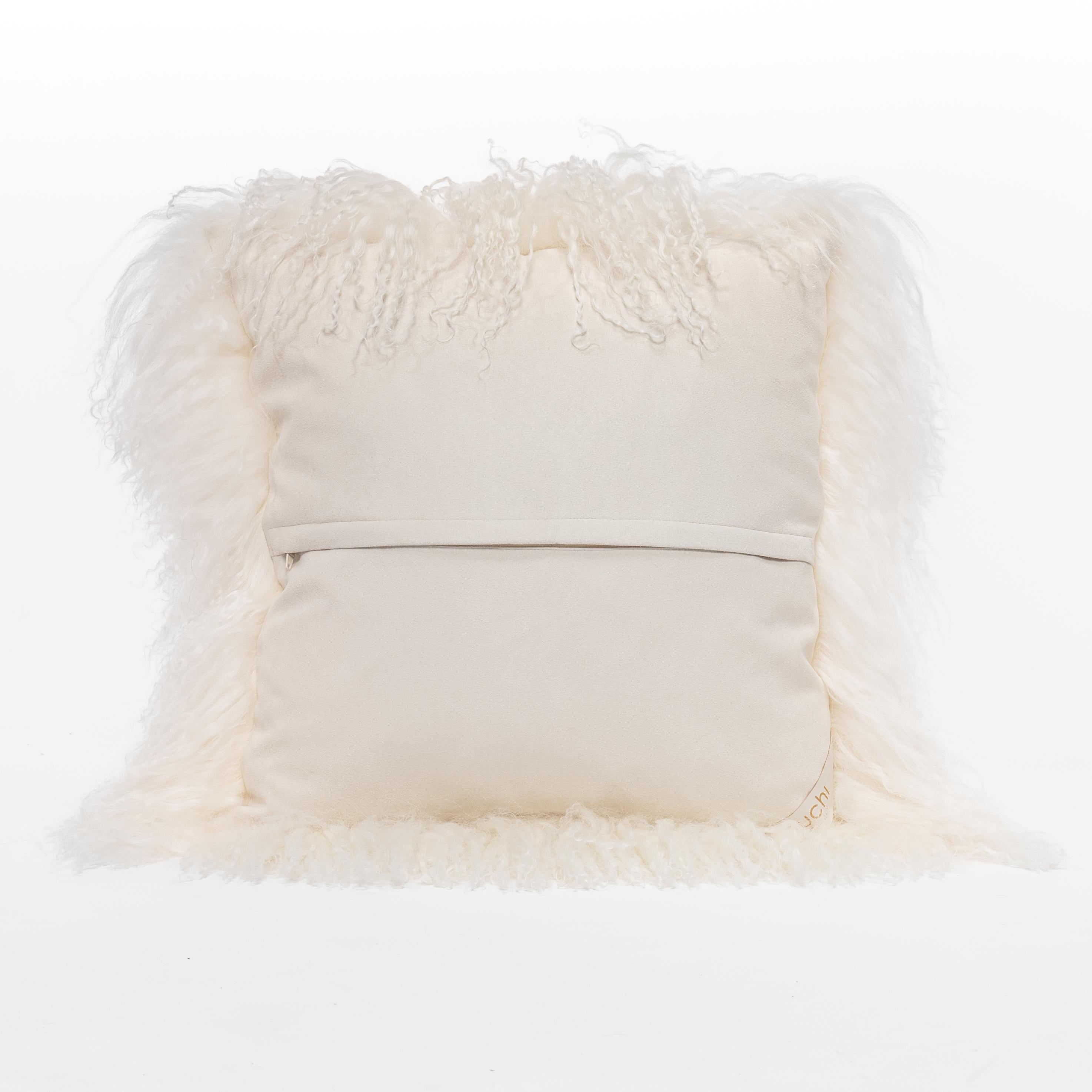 Modern Tibet Lamb White Square Cushion by Muchi Decor, Made in Italy For Sale