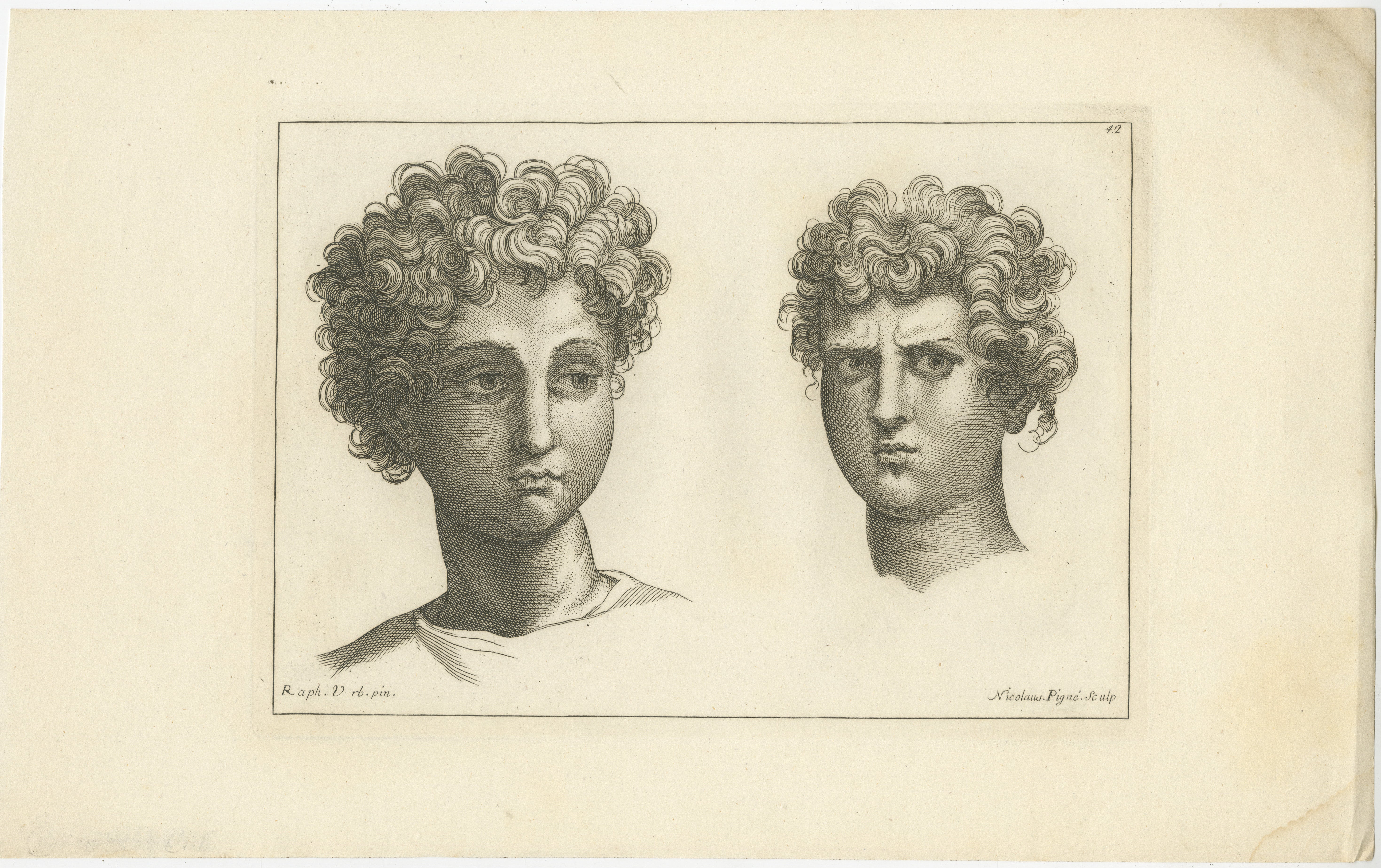 This engraving showcases two striking male profiles, each rendered with remarkable detail, characteristic of the 