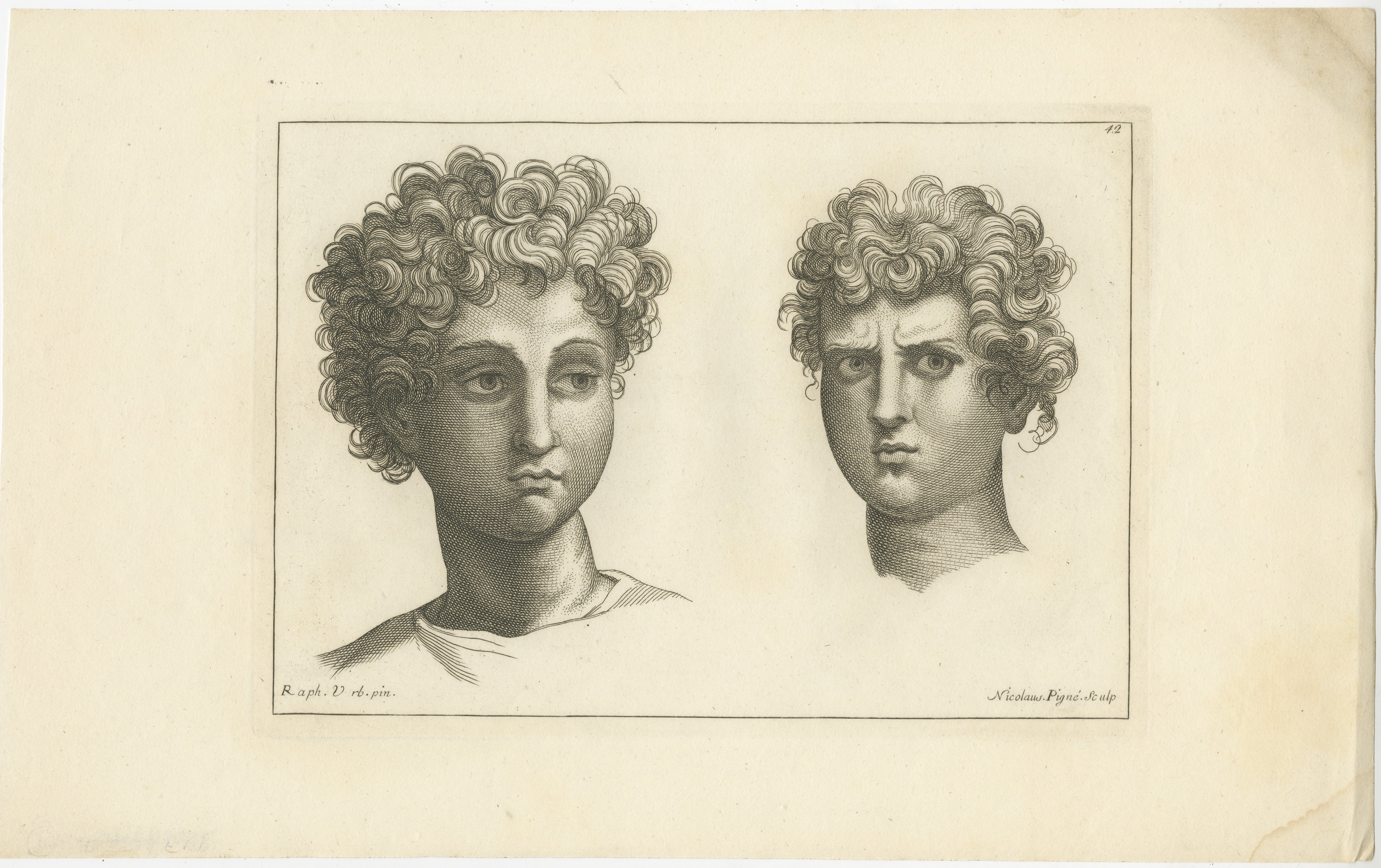 Questa incisione mette in mostra due straordinari profili maschili, ognuno dei quali è reso con notevoli dettagli, caratteristici della 