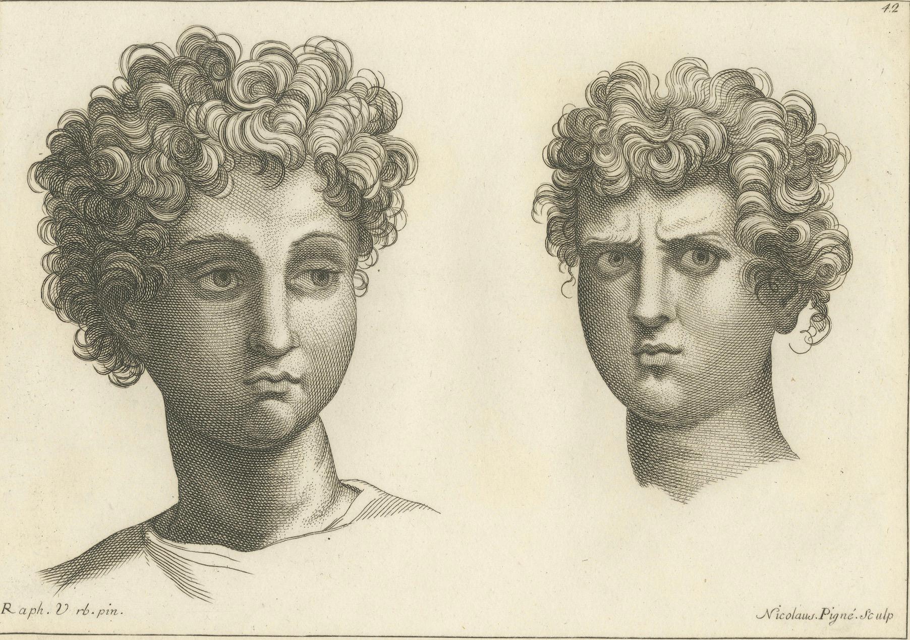 Metà XVIII secolo Sguardo riccioluto: Lo studio espressivo di Pigné inciso, 1740 in vendita