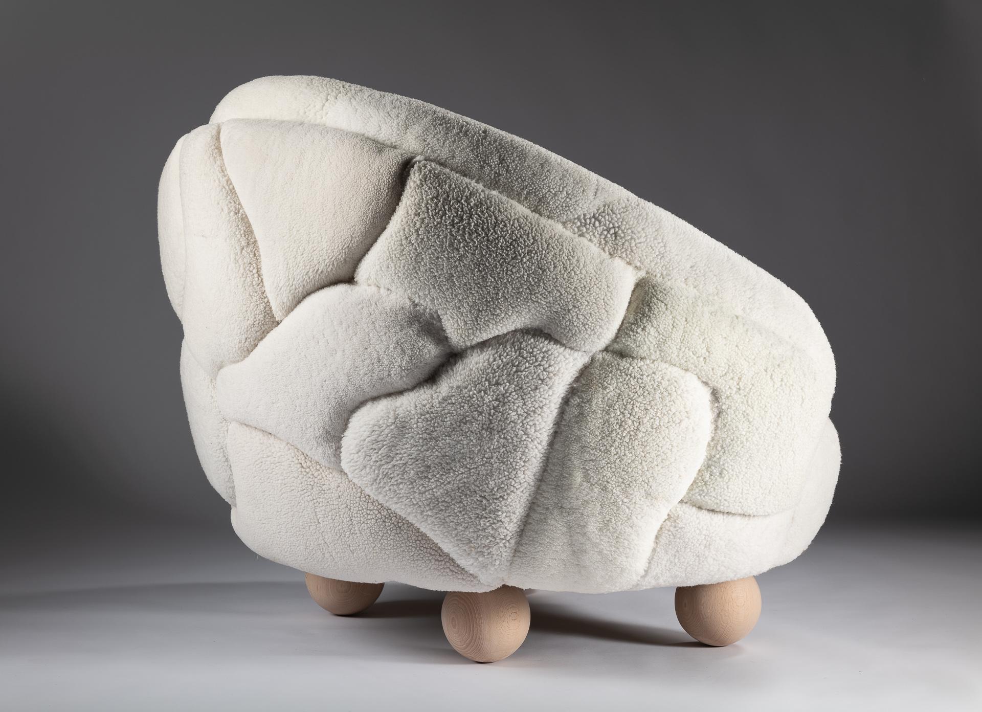 Hand-Crafted White Curly Shearling Armchair - QUAKE For Sale