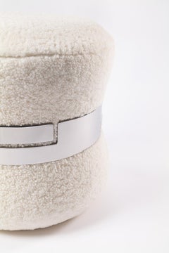 White Curly Shearling Ottoman with Shiny Nickeled Steel Band - C14