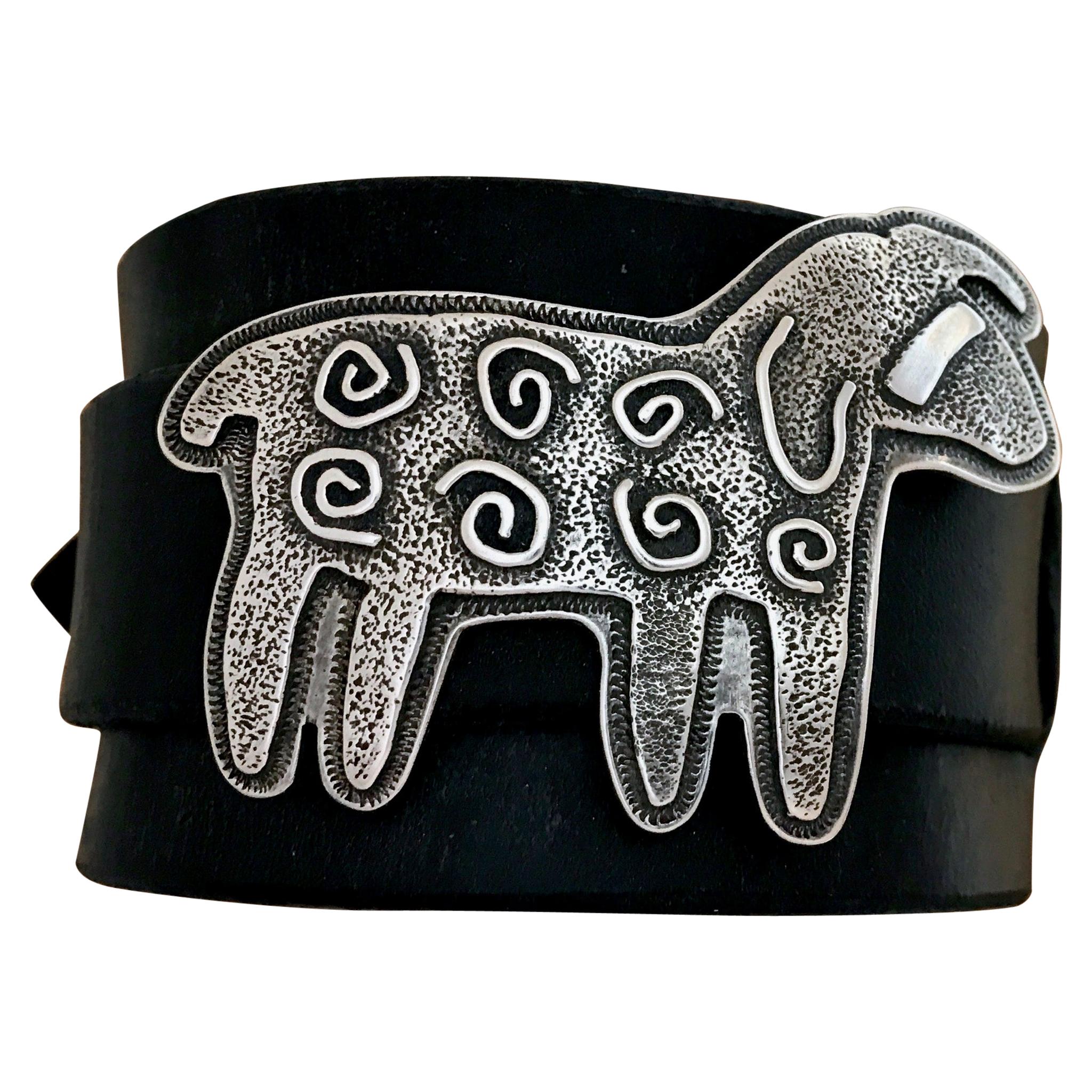 Curly Sheep leather cuff bracelet, cast sterling silver, leather adjustable cuff For Sale