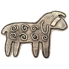 Used Curly Sheep, Sterling silver pin pendant Melanie Yazzie Navajo, Native American