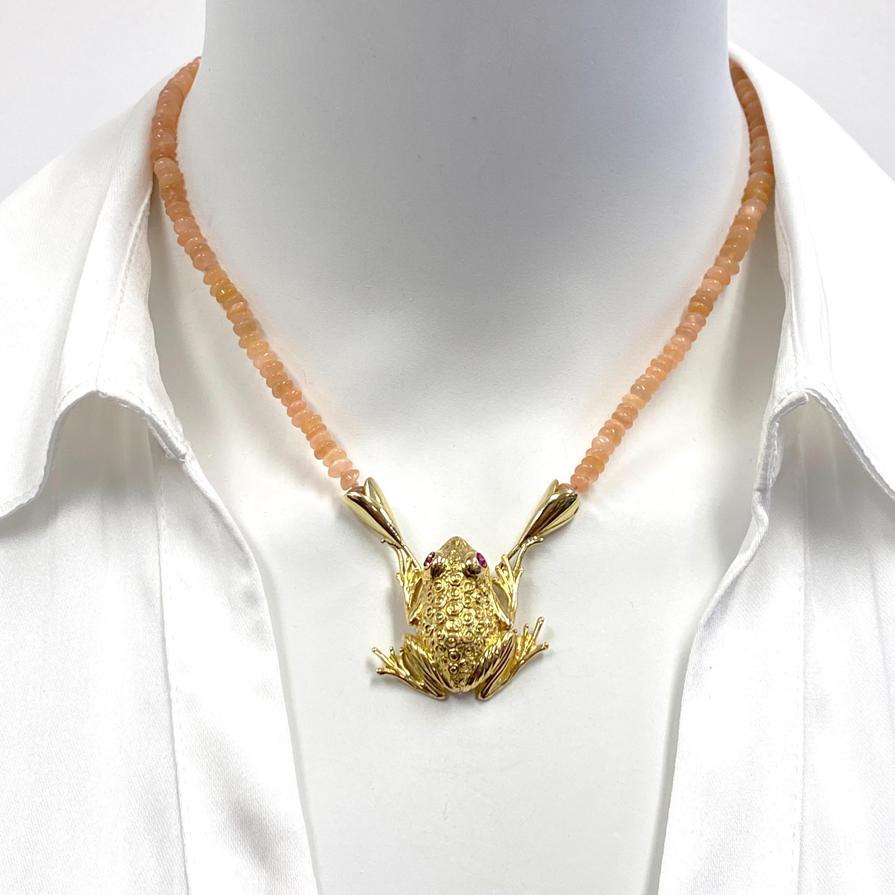 This unique (literally -- there's only one) new necklace from Eytan Brandes combines a vintage frog brooch, converted to a pendant, with a strand of peach moonstone beads and 