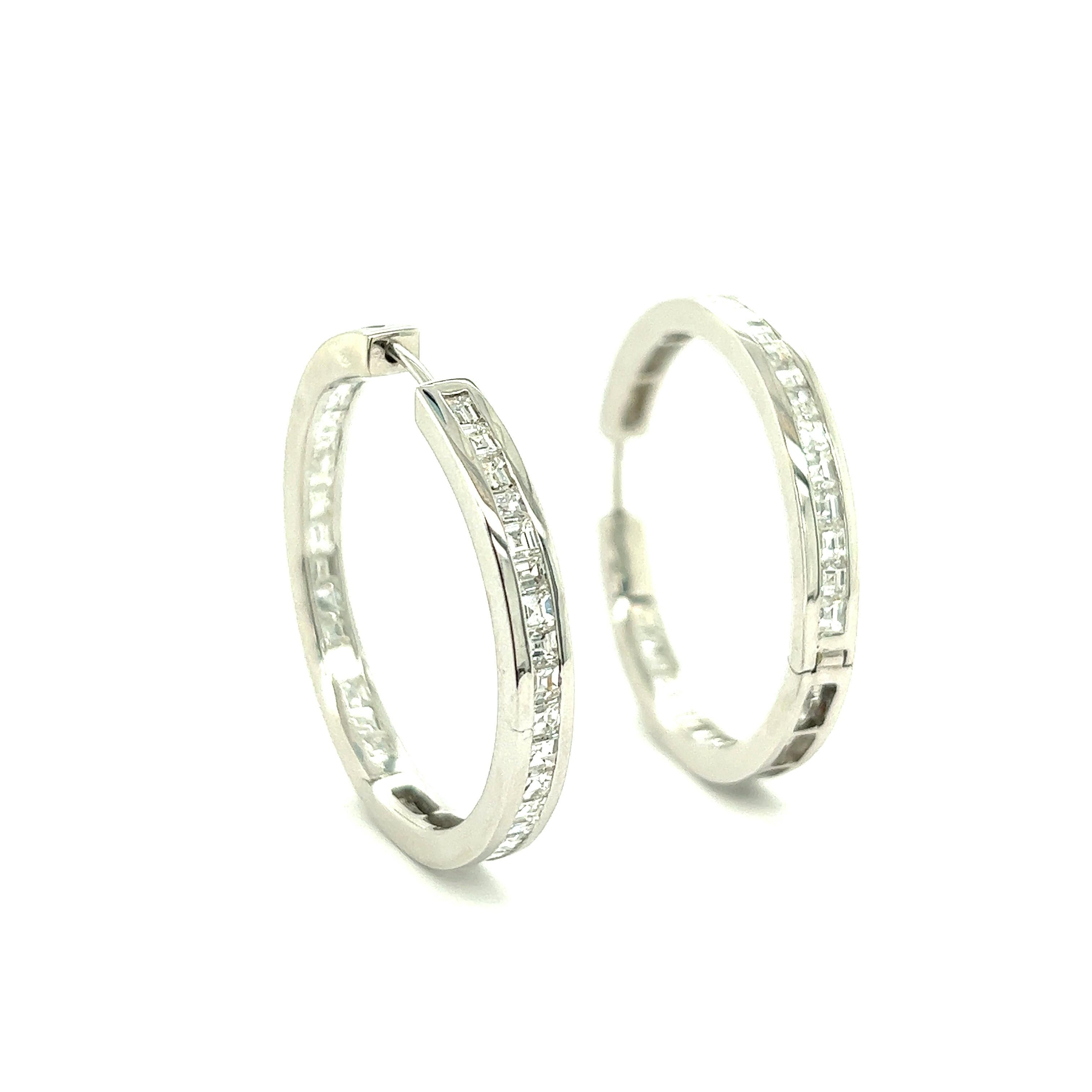 Square Cut Curnis Diamond 18k White Gold Hoop Earrings For Sale
