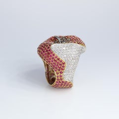 Curnis Unique Apple Masterpiece 18k White and Yellow Gold Ring Rubies Diamonds