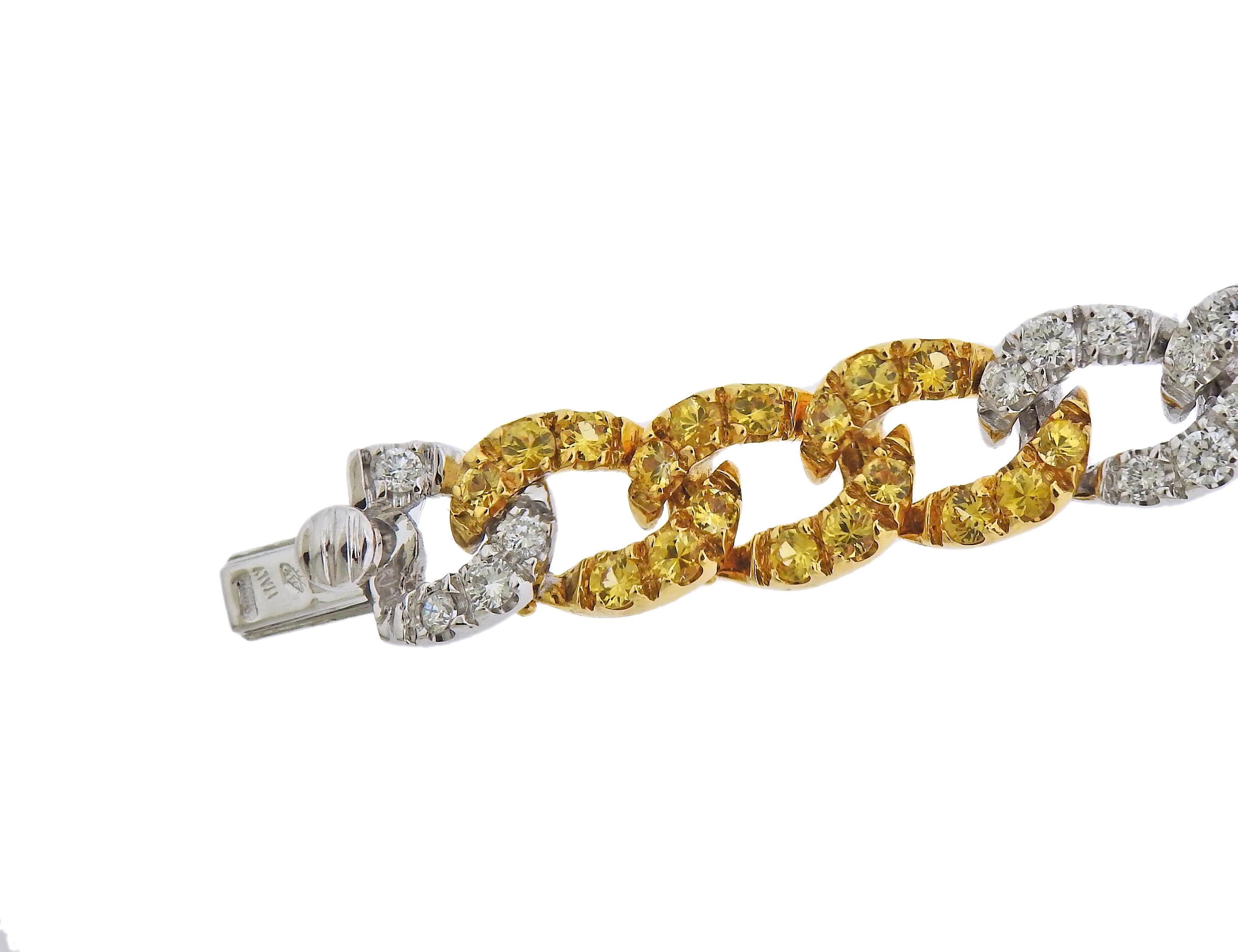 Round Cut Curnis Yellow Sapphire Diamond Gold Curb Link Bracelet For Sale