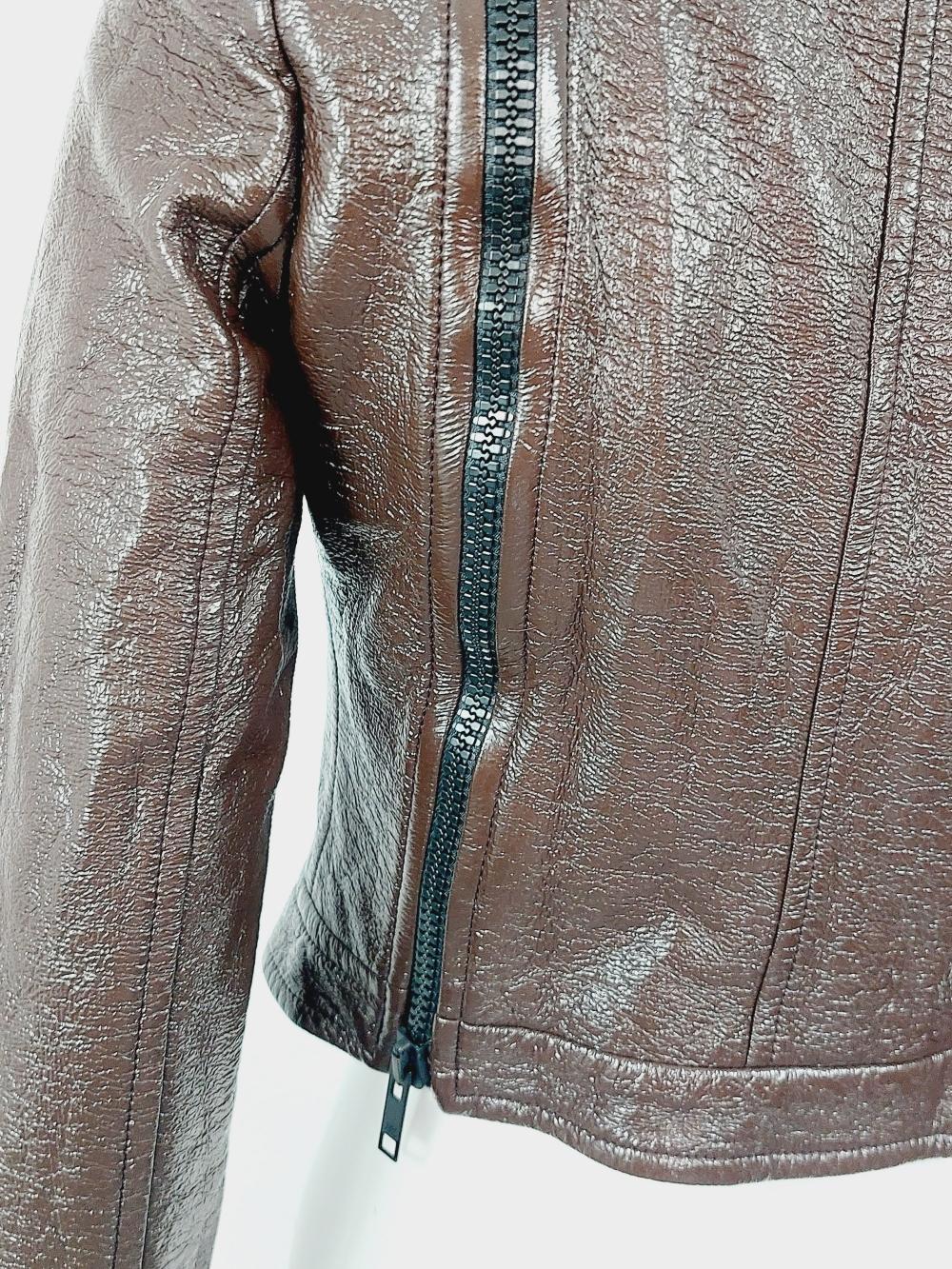 Curréges Paris Brown Shiny Wet Look Logo Mod Vinyl Faux Leather Zip Jacket For Sale 1