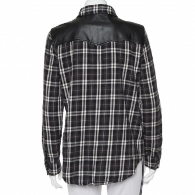 Current/Elliott Checkered Cotton Faux Leather Detail Button Front Shirt S For Sale 3