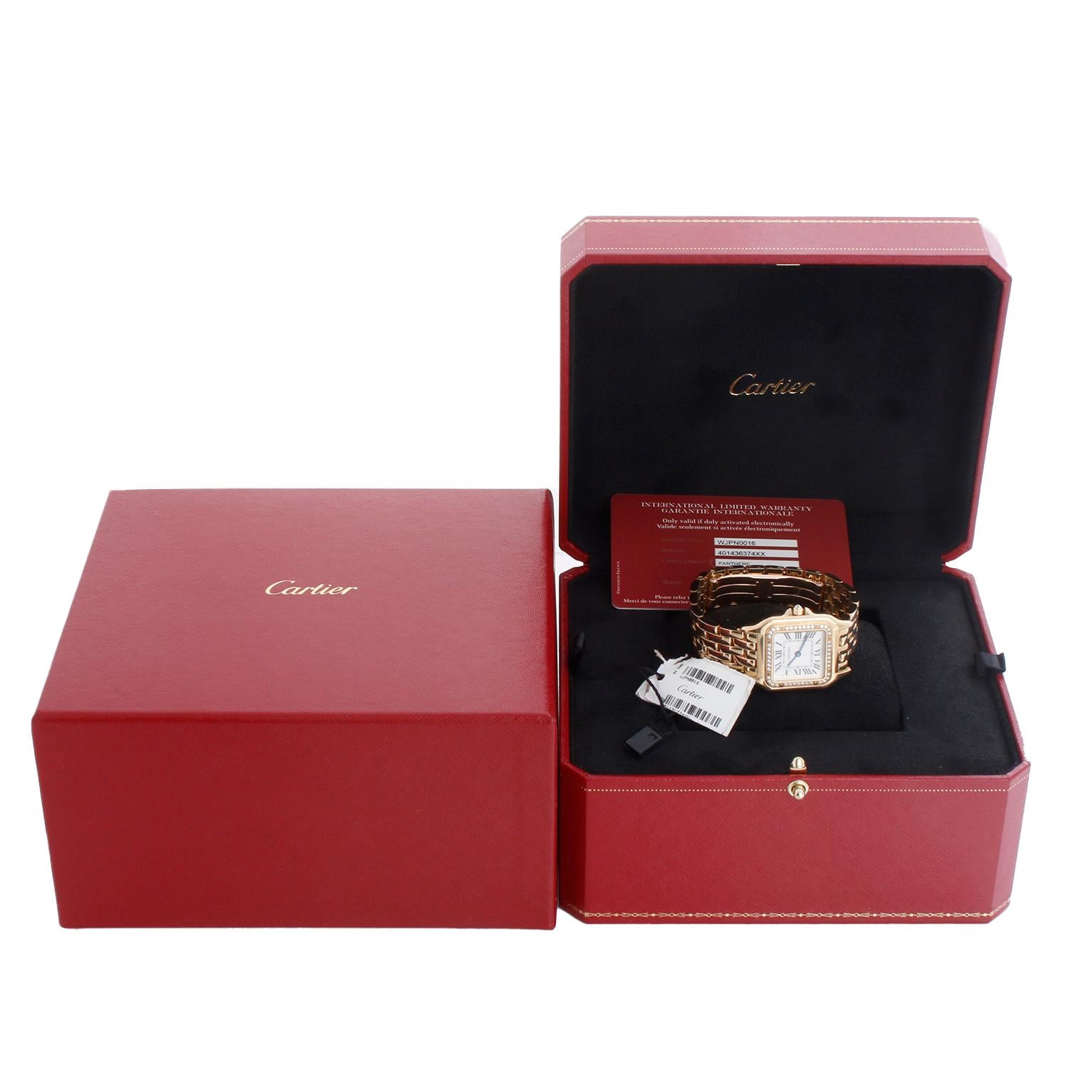 Current Model Cartier Medium 18k Yellow Gold Panthere Watch WJPN0016 - Quartz. 18k yellow gold case with factory diamond bezel  (29mm x 37mm). Silver dial with black Roman numerals. 18k yellow gold Panther bracelet; will fit a 6.5 inch wrist .