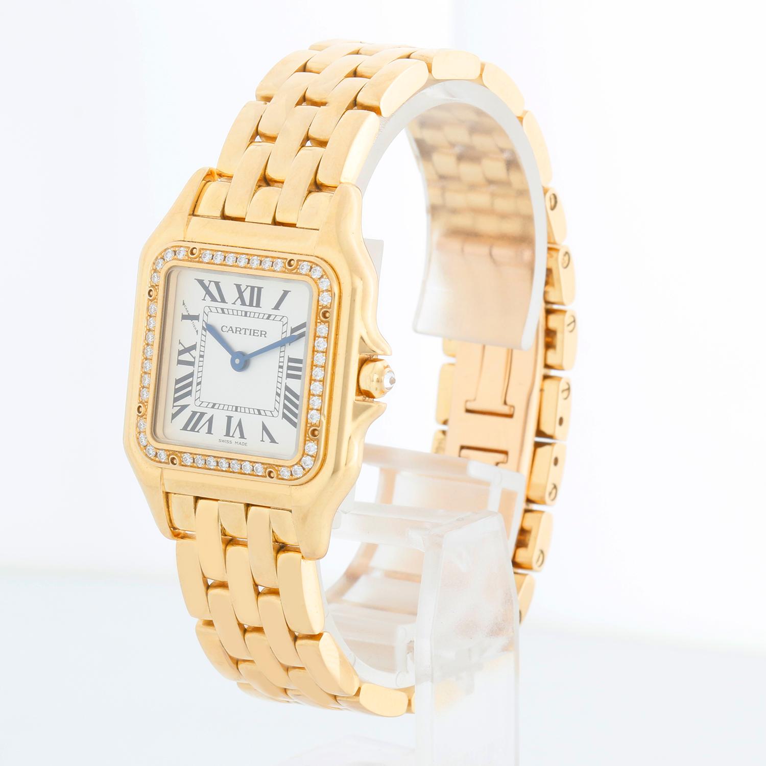 Current Model Cartier Medium 18k Yellow Gold Panthere Watch WJPN0016 - Quartz. 18k yellow gold case with factory diamond bezel  (29mm x 37mm). Silver dial with black Roman numerals. 18k yellow gold Panther bracelet; will fit a 6.5 inch wrist .